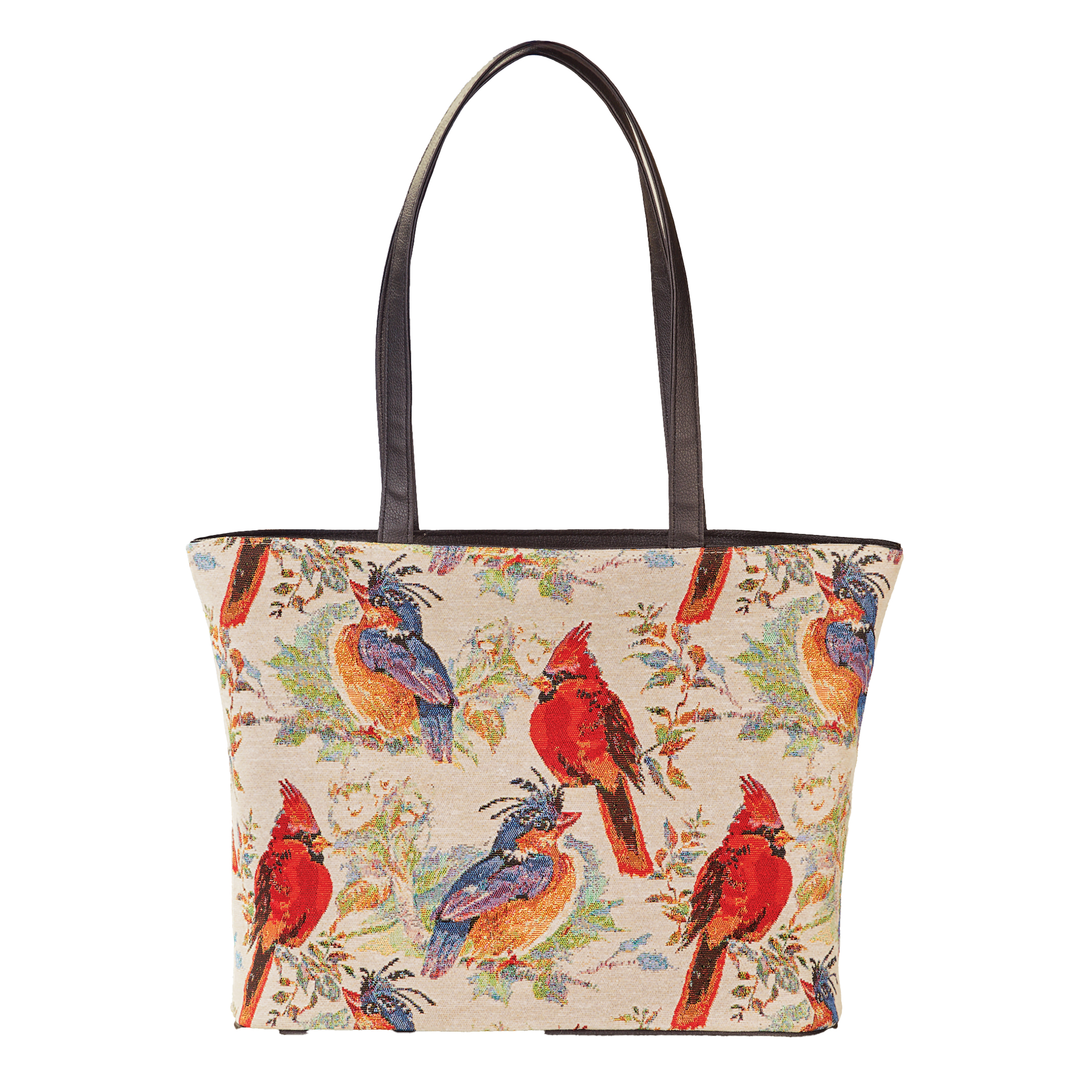 Tapestry Style Cardinals & Birds Zippered Handbag Red Multi