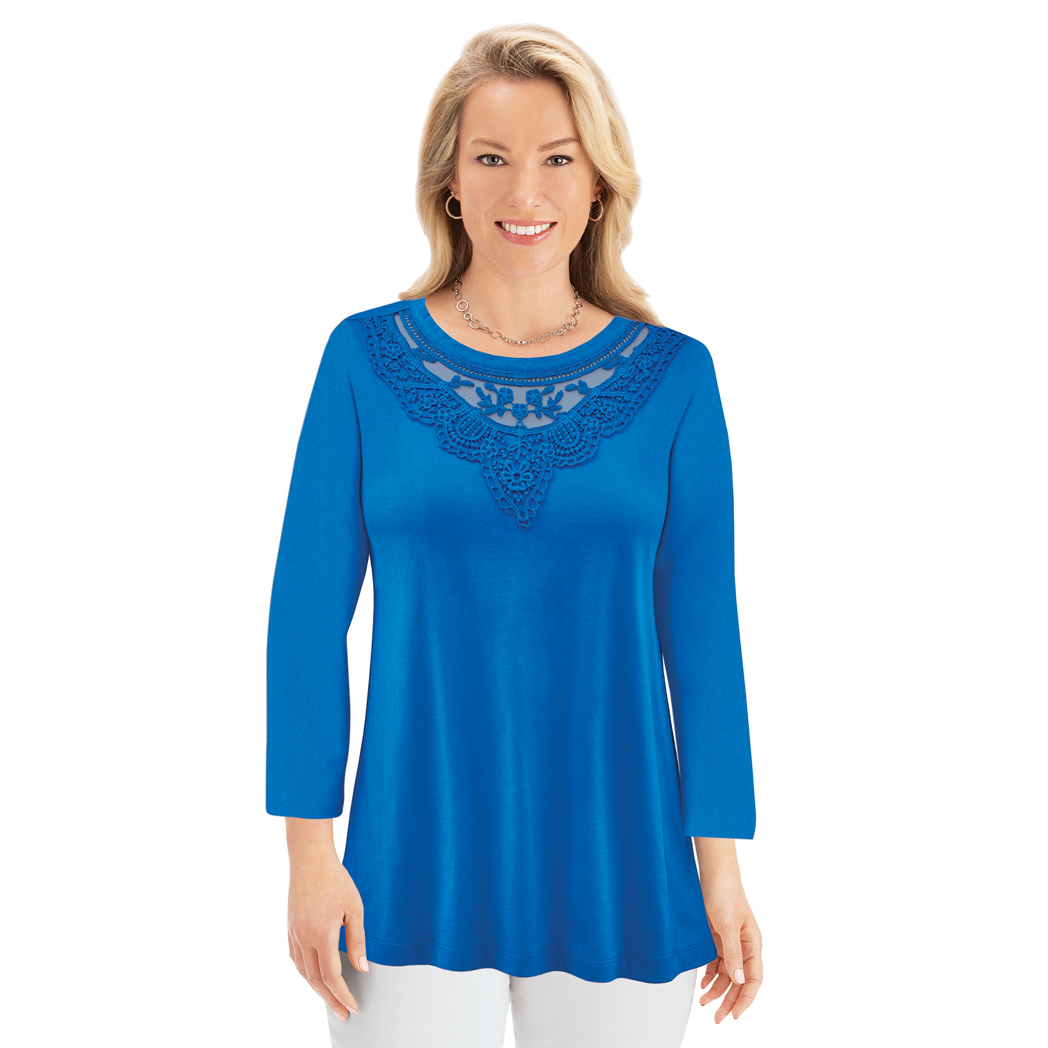 Flattering Lace Trim 3/4 Length Sleeve Knit Top Medium Women Cobalt