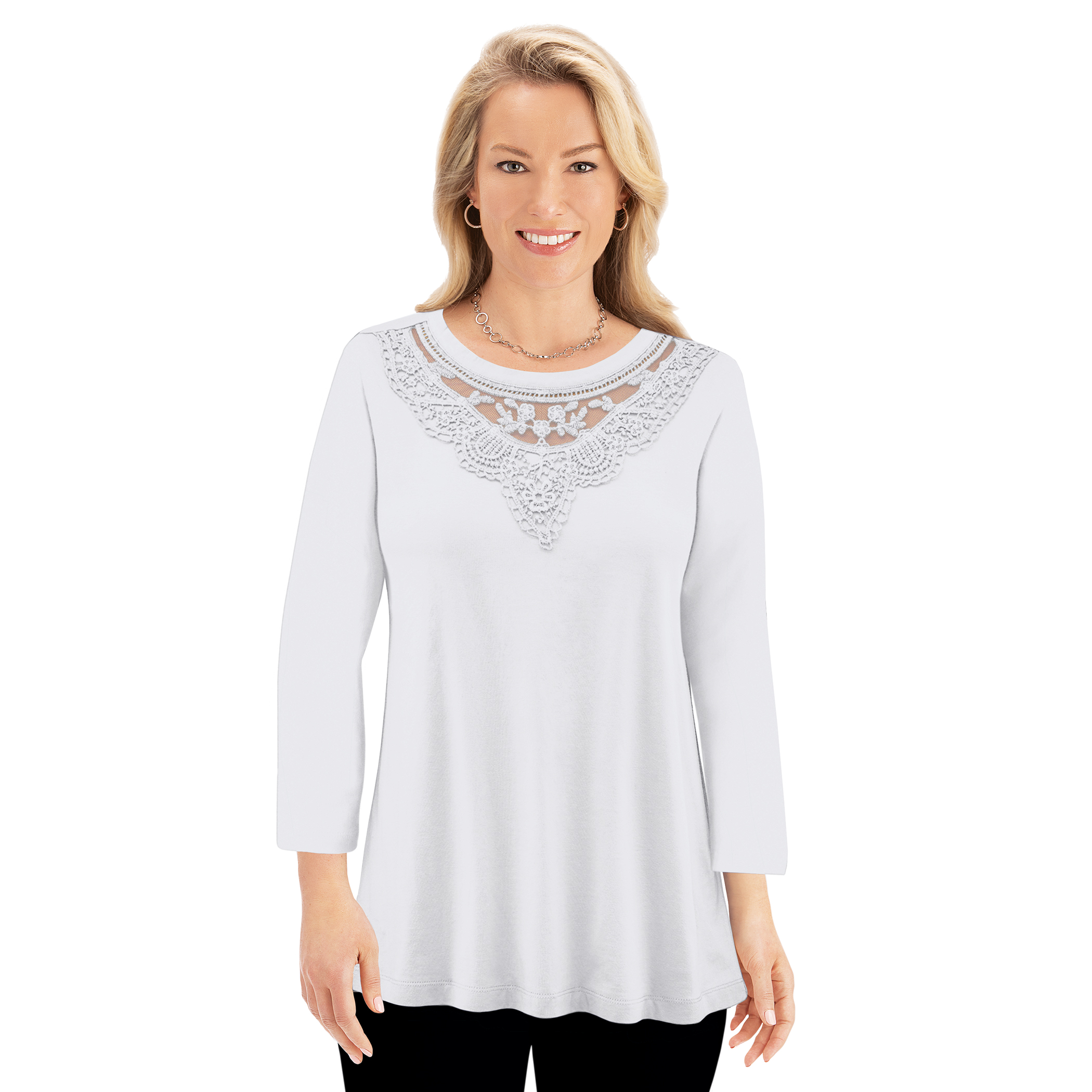 Flattering Lace Trim 3/4 Length Sleeve Knit Top Large Women White