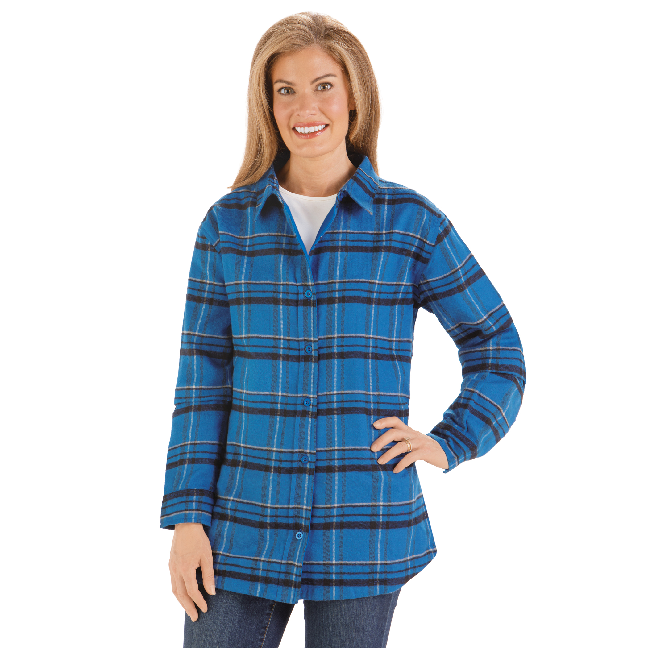 Ladies Fleece Lined Button-Front Flannel Shirt Jacket XX-Large Women Cobalt Blue