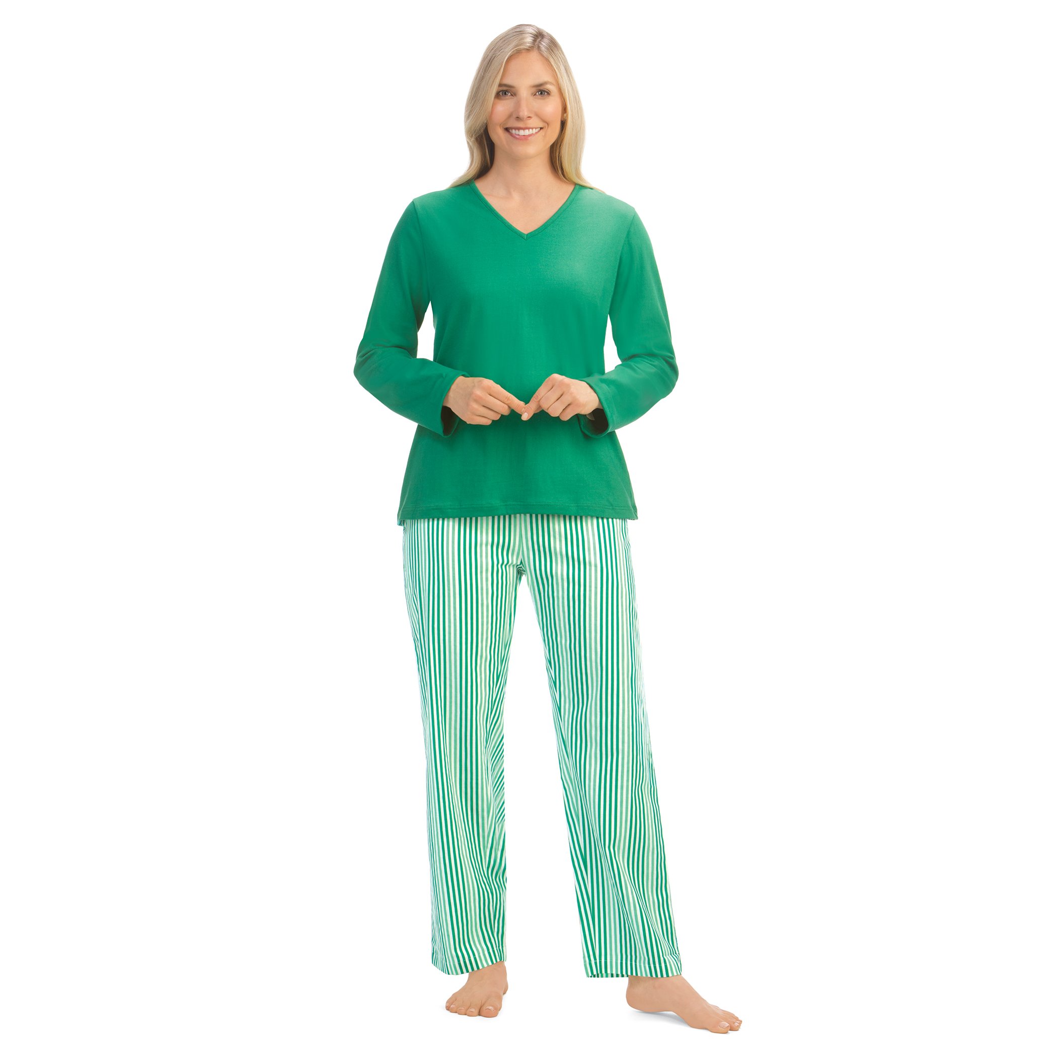 Comfy Striped 2-Piece Long Sleeve Pajama Set Large Women Jade