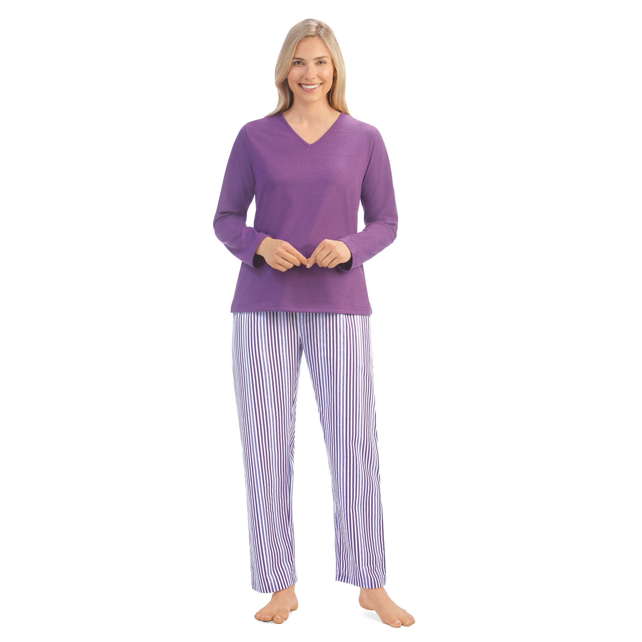 Comfy Striped 2-Piece Long Sleeve Pajama Set Large Women Purple