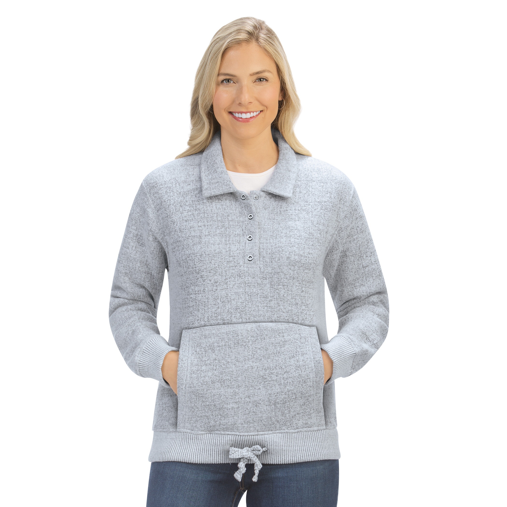 Cozy Heathered Pullover with Front Pocket and Drawstring Hem Large Women Grey