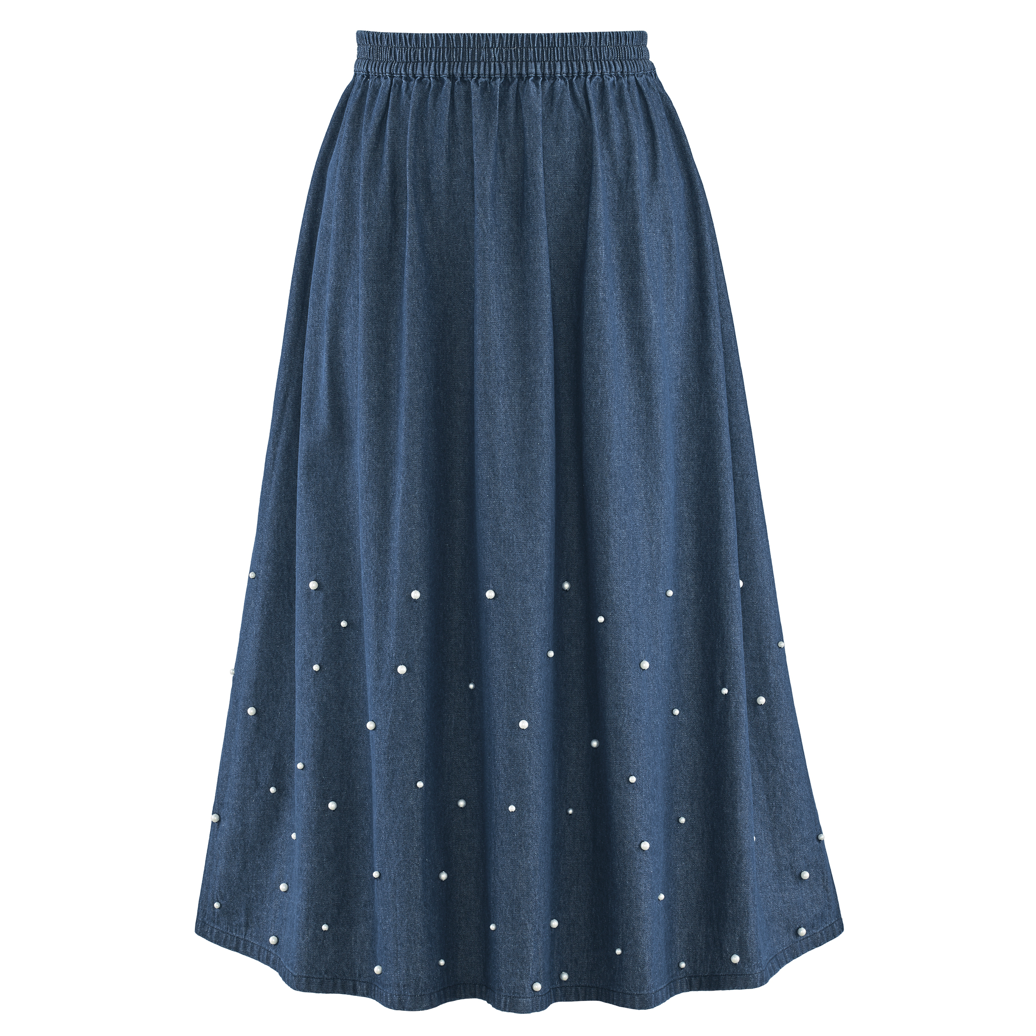 Pearl Border Denim Pull-On Elasticized Waist Skirt X-Large Women Indigo