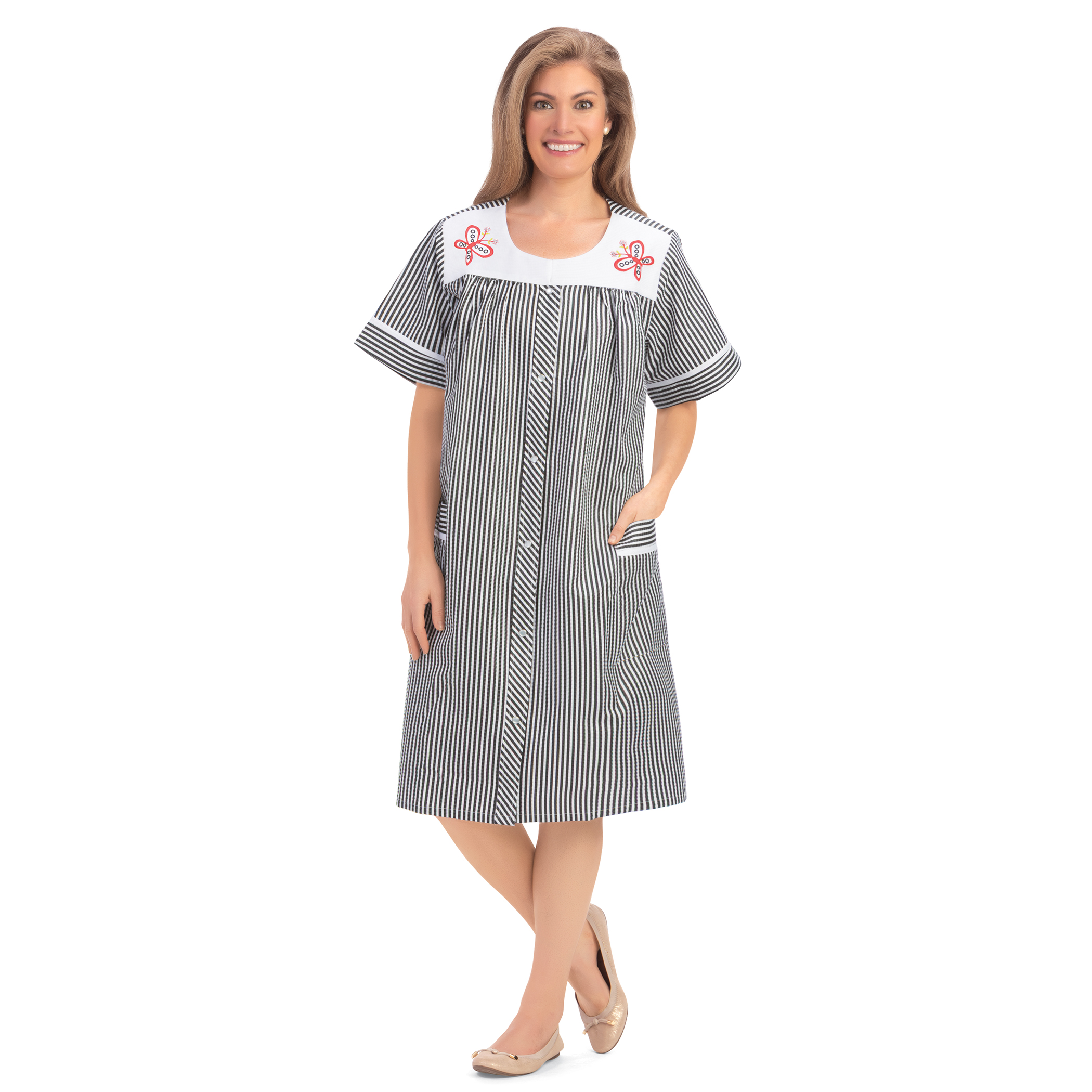 Embroidered Butterfly Snap-Front Short Sleeve Duster Medium Women Black