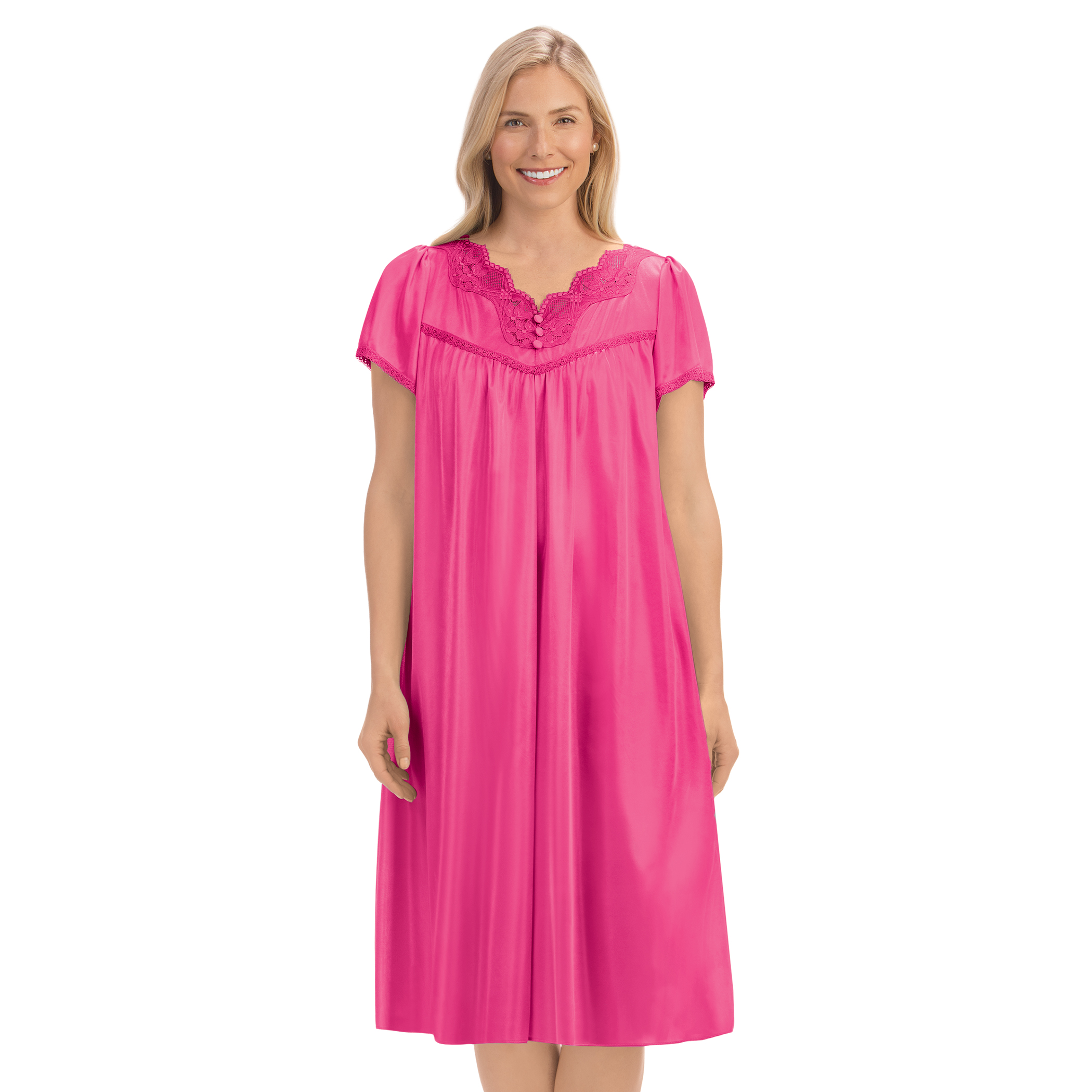 Tonal Lace Trim Silky V-Neck Nightgown X-Large Women Fuchsia