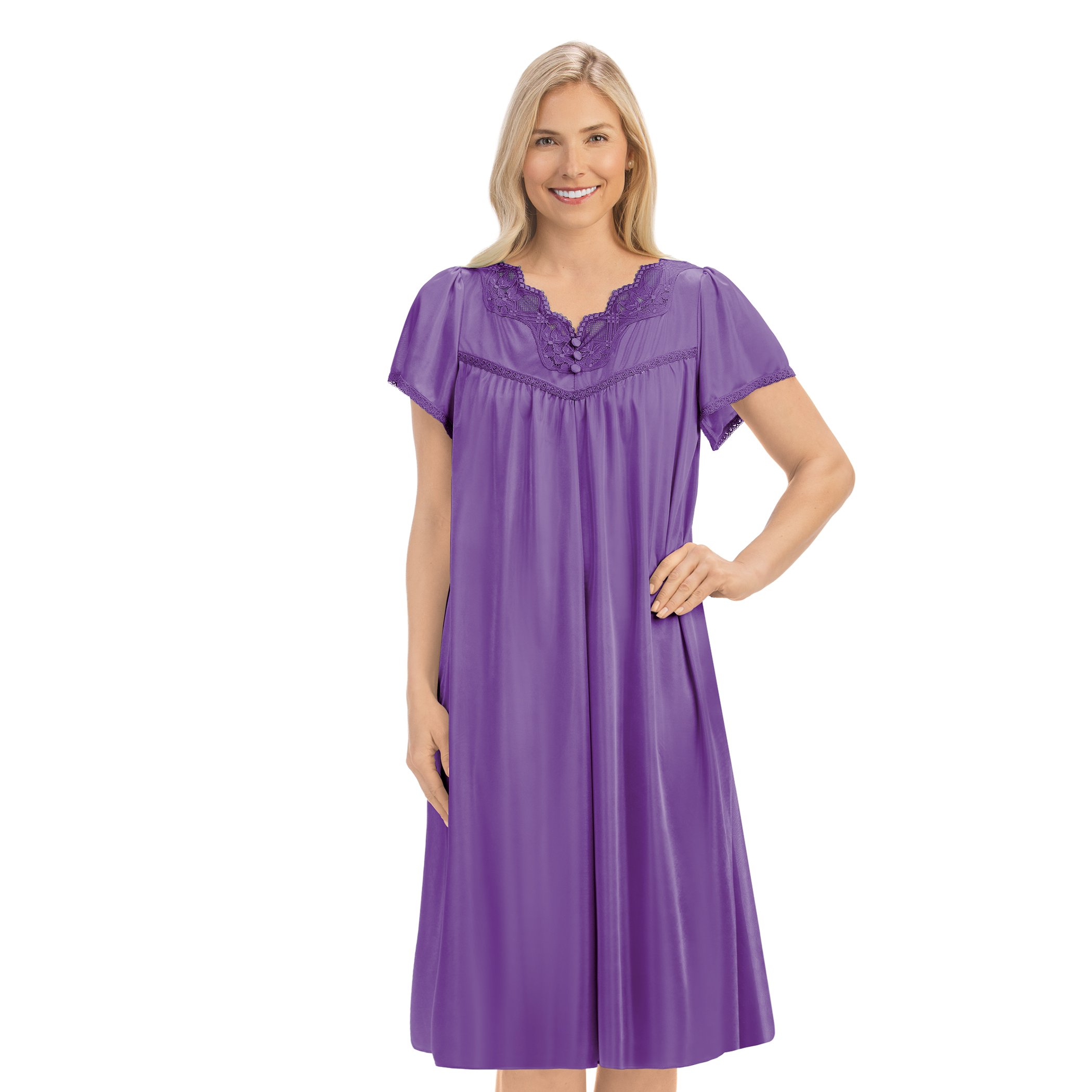 Tonal Lace Trim Silky V-Neck Nightgown Medium Women Purple