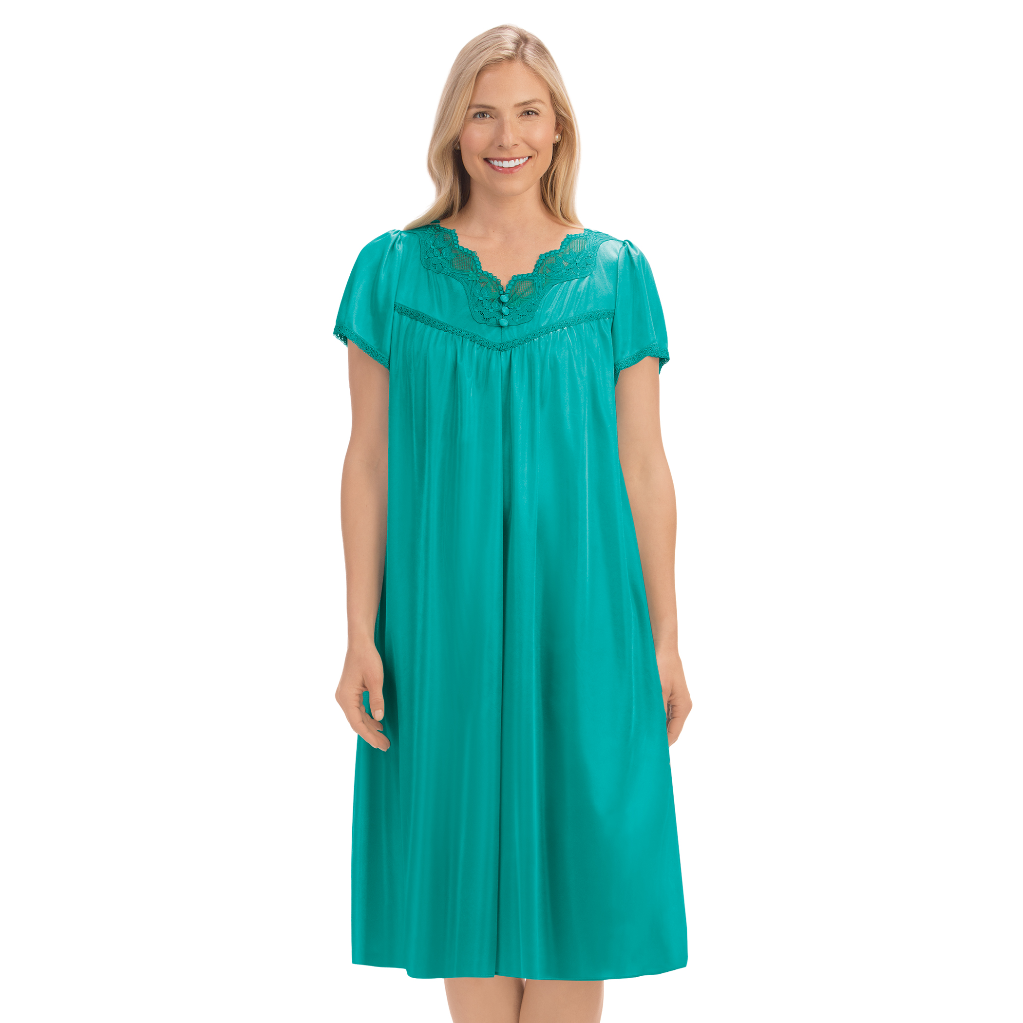 Tonal Lace Trim Silky V-Neck Nightgown X-Large Women Teal