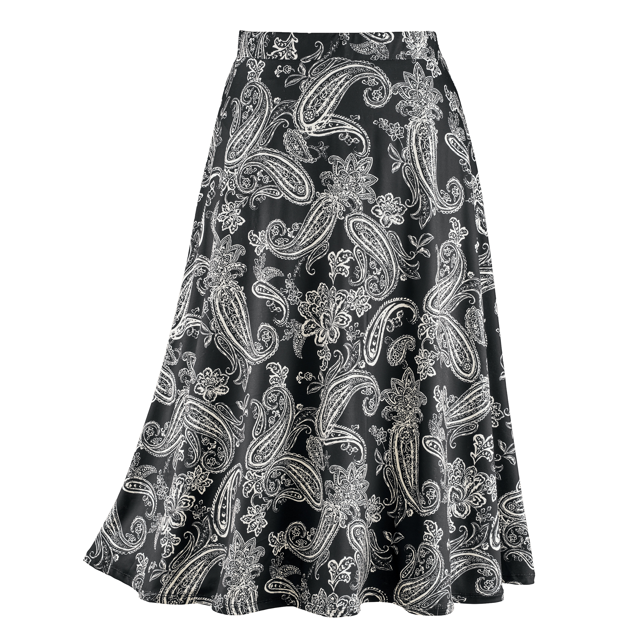 Stylish Paisley Print Stretch Knit Full-Sweep Skirt XX-Large Women Black