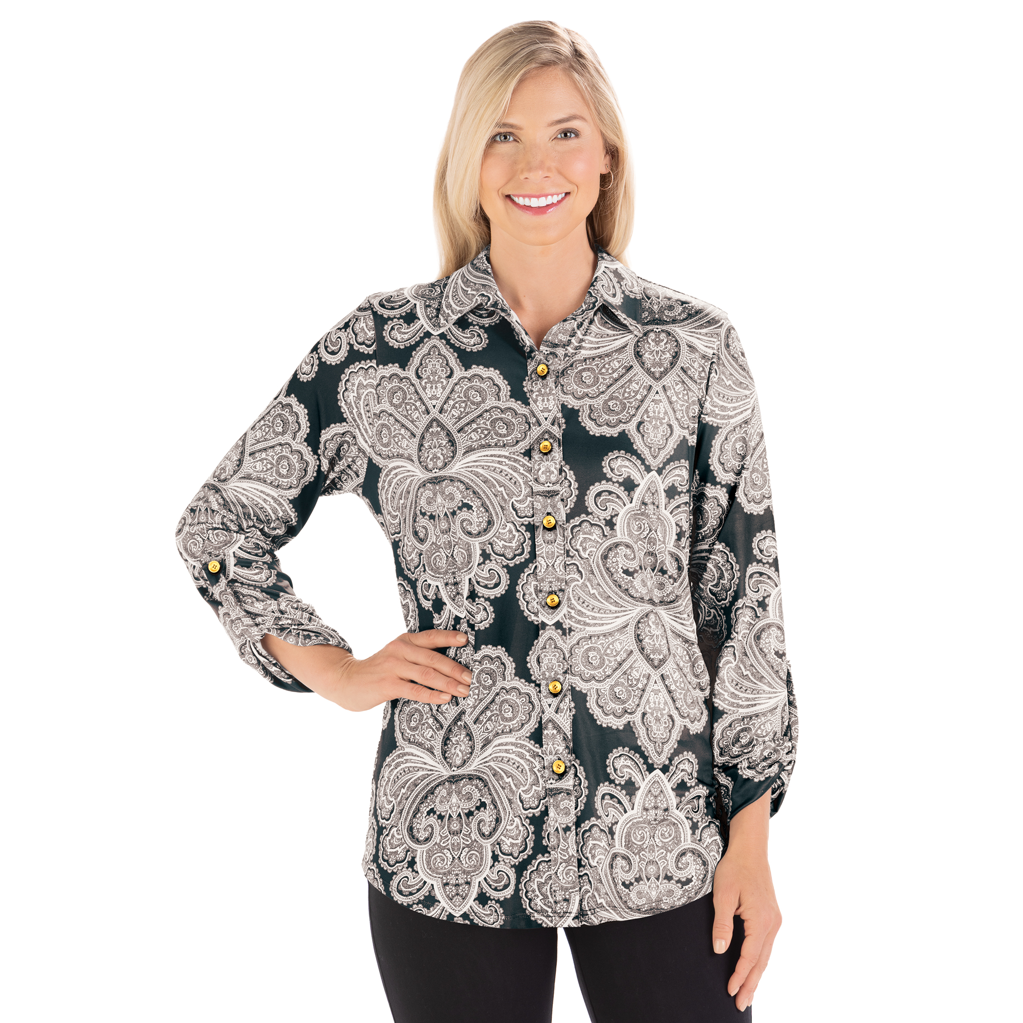 Paisley Print Knit Gold-Toned Button-Front Shirt X-Large Women Black