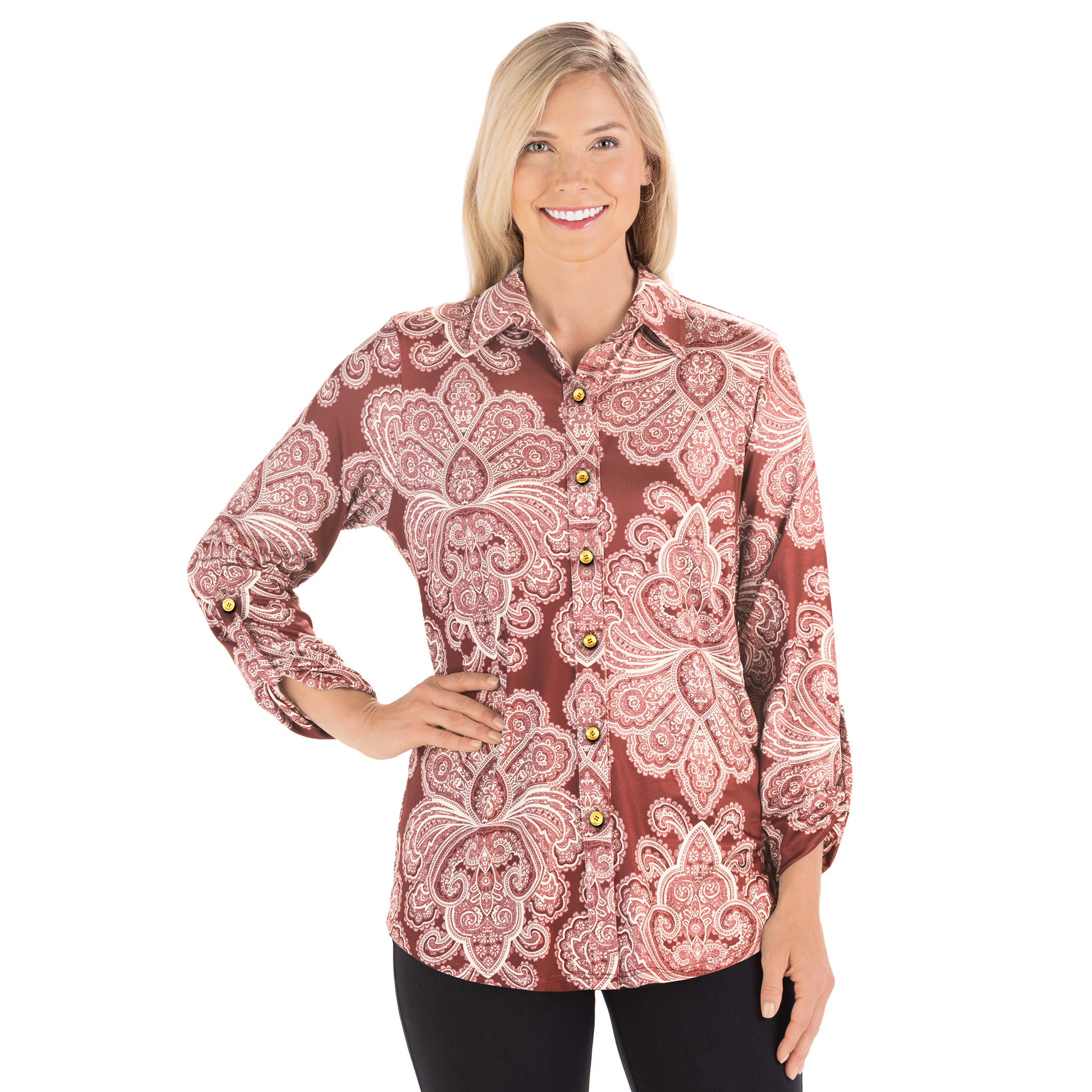 Paisley Print Knit Gold-Toned Button-Front Shirt XX-Large Women Burgundy