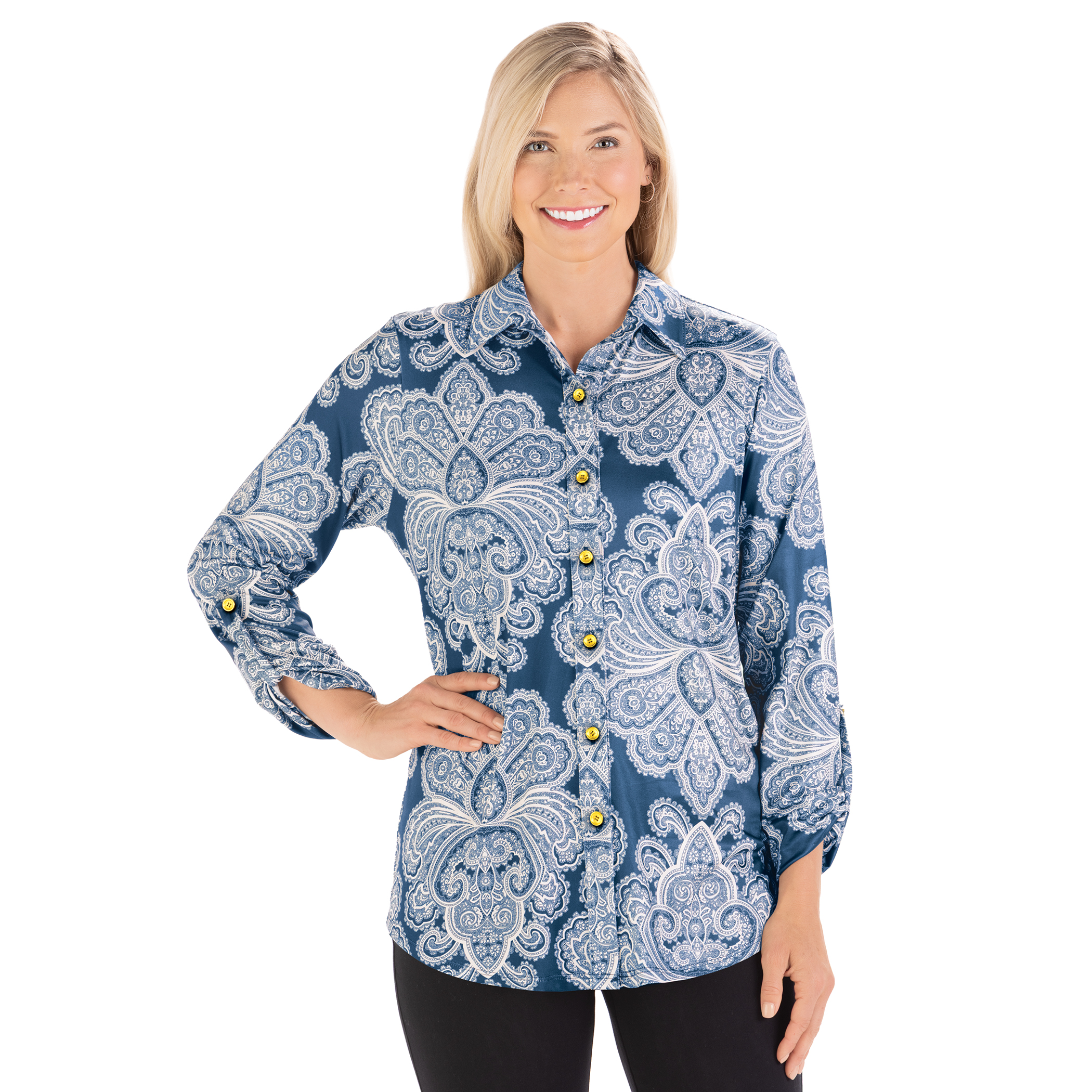Paisley Print Knit Gold-Toned Button-Front Shirt X-Large Women Navy