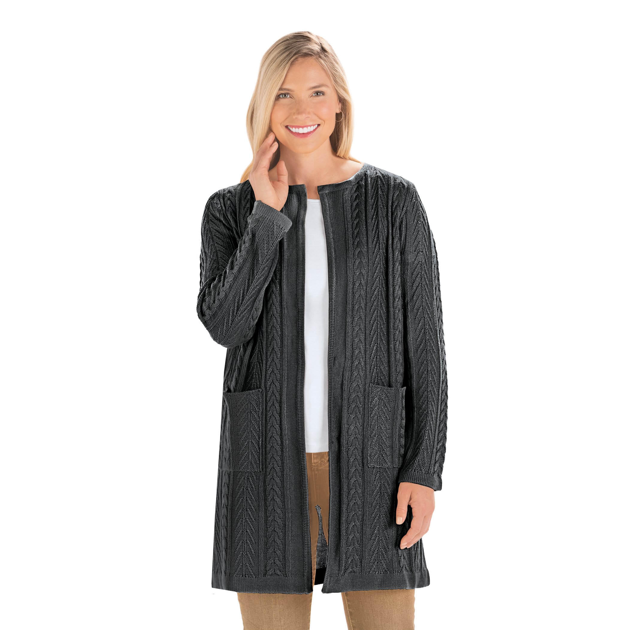 Cozy Cable Knit Long Length Cardigan with Pockets Large Women Black