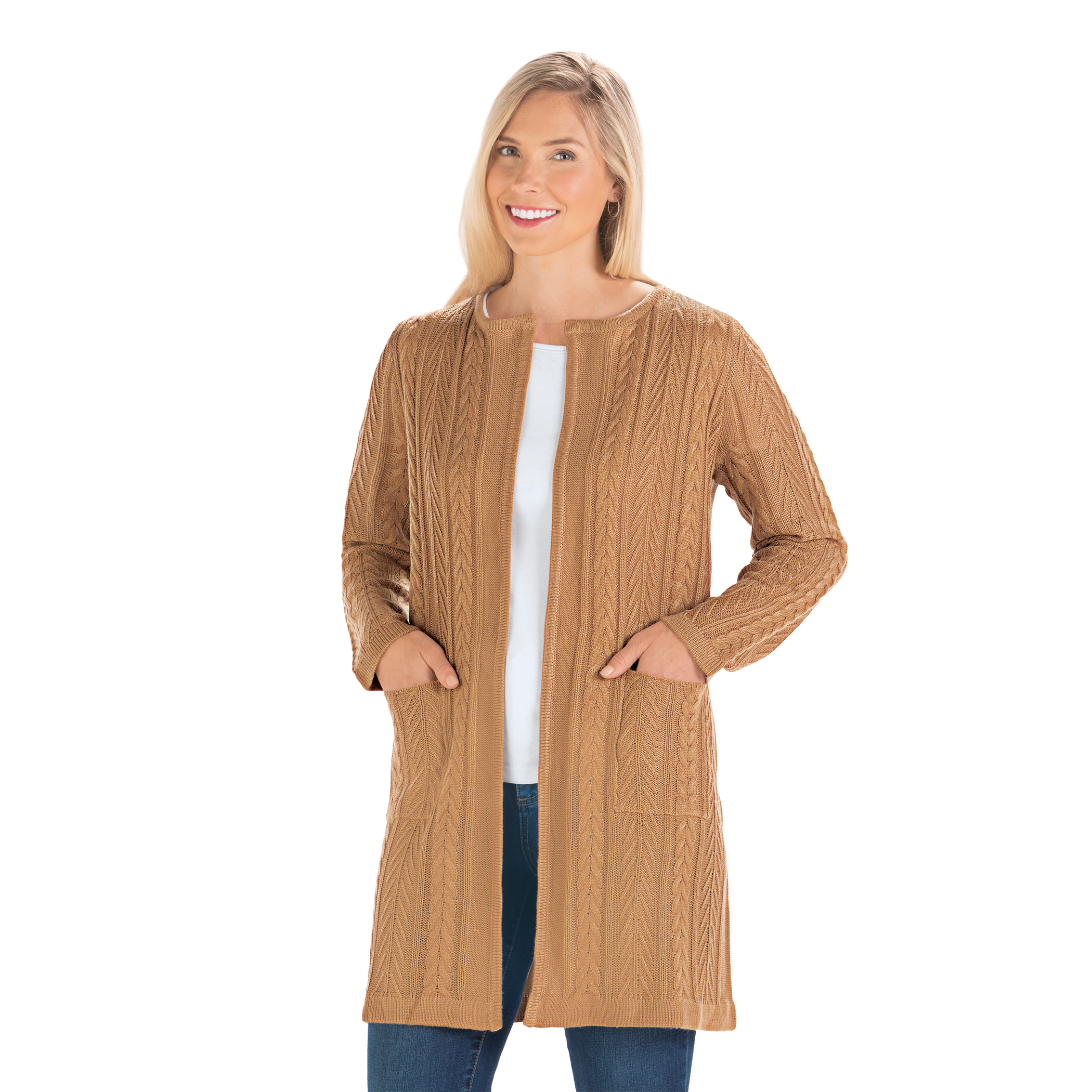 Cozy Cable Knit Long Length Cardigan with Pockets Large Women Camel