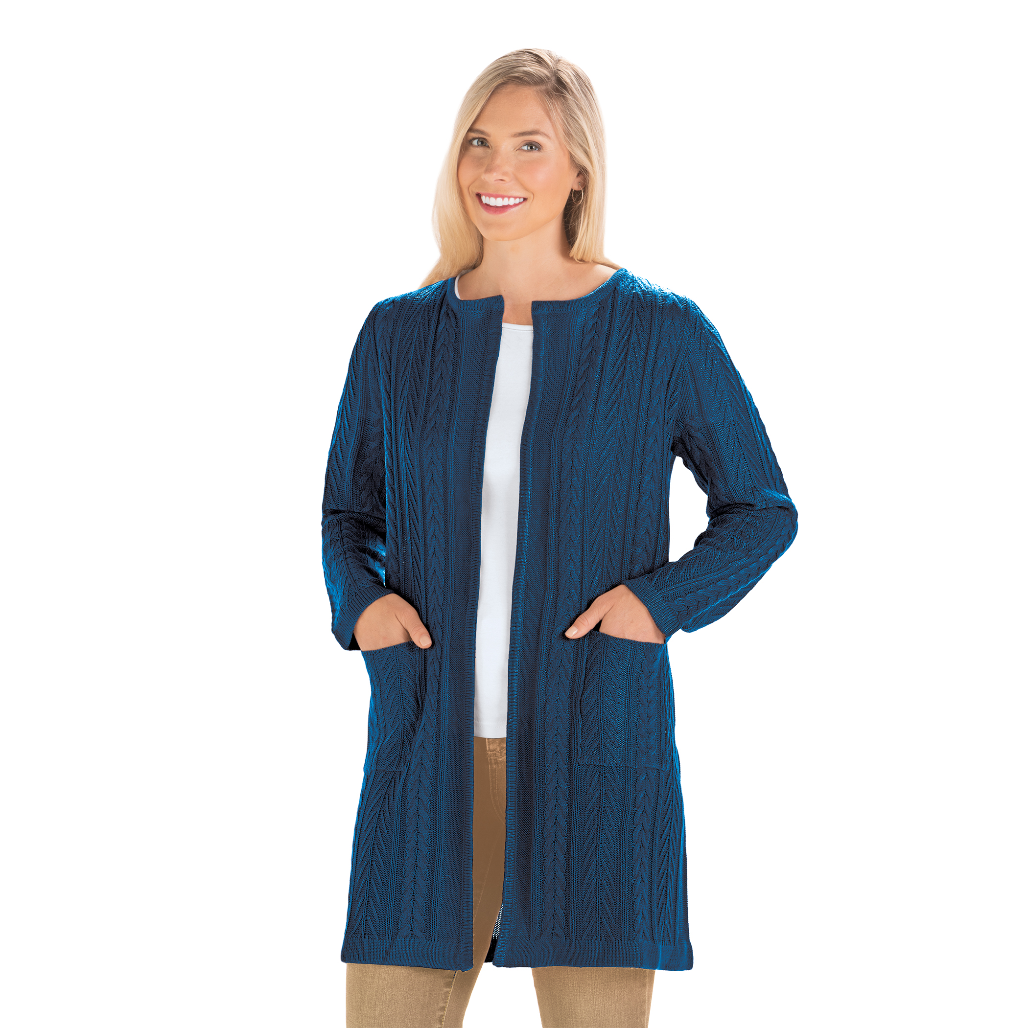 Cozy Cable Knit Long Length Cardigan with Pockets Large Women Navy