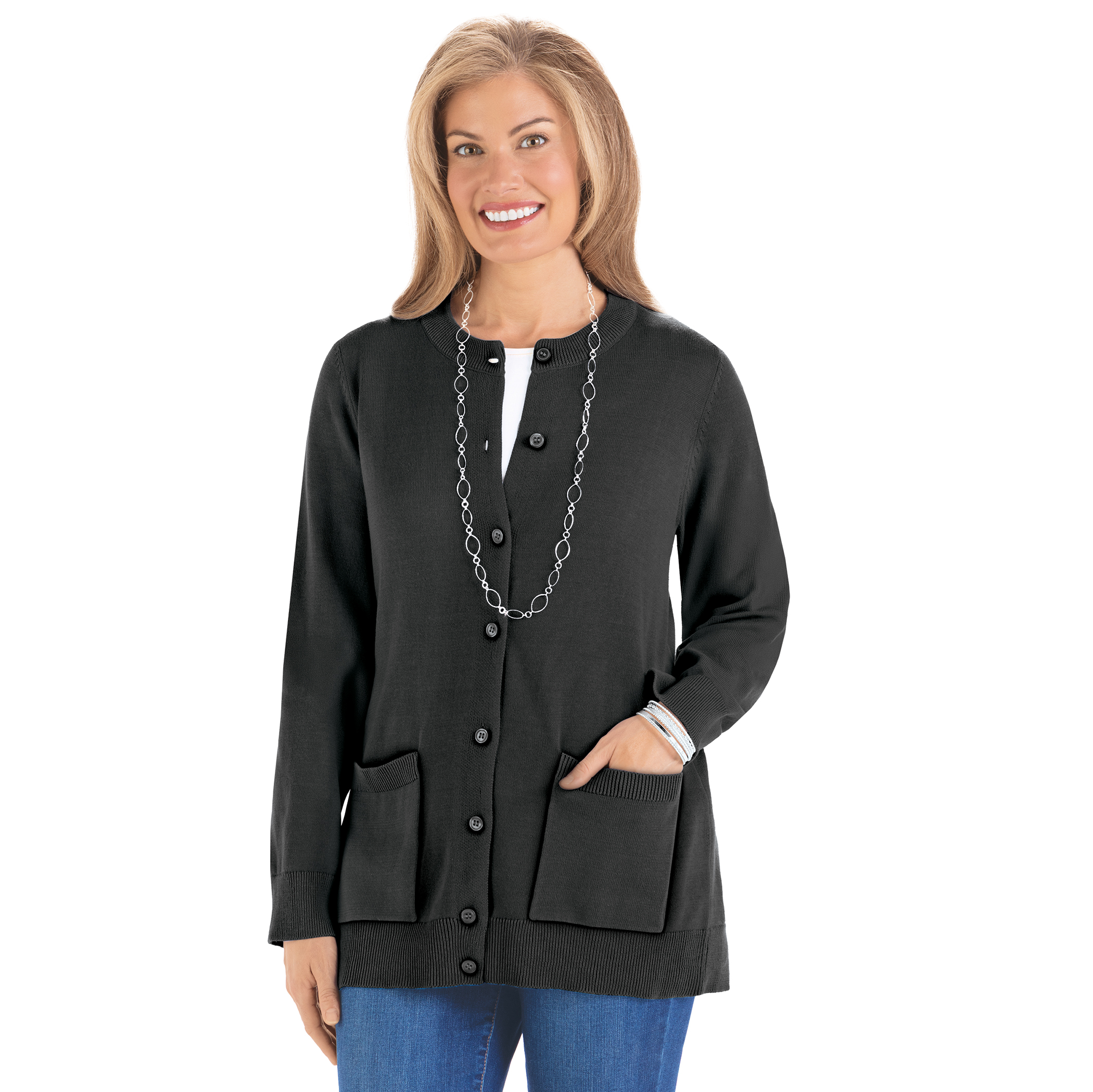 Long Sleeve Button-Front Cotton Cardigan with Pockets Large Women Black