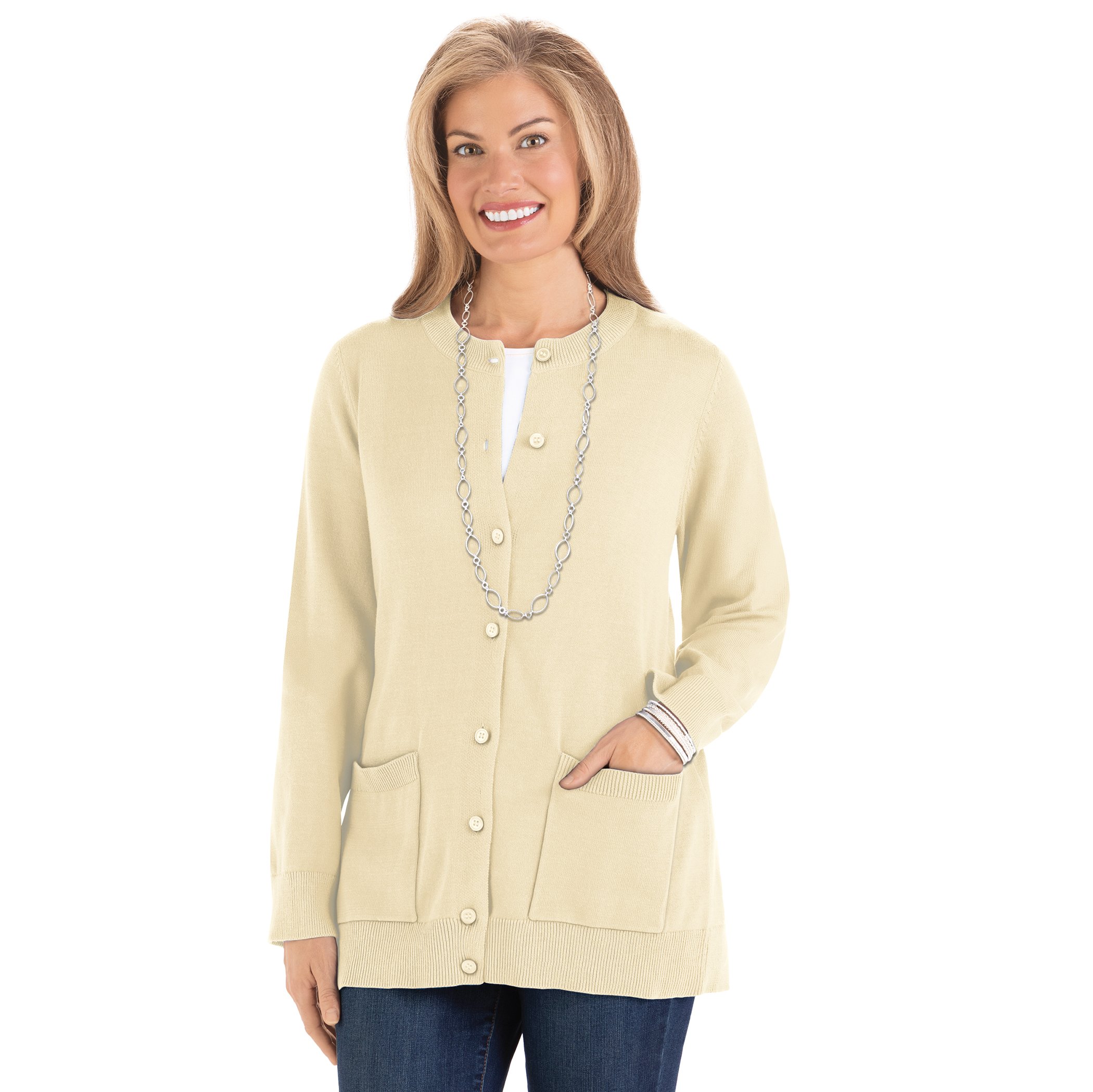 Long Sleeve Button-Front Cotton Cardigan with Pockets Medium Women Solid Ivory