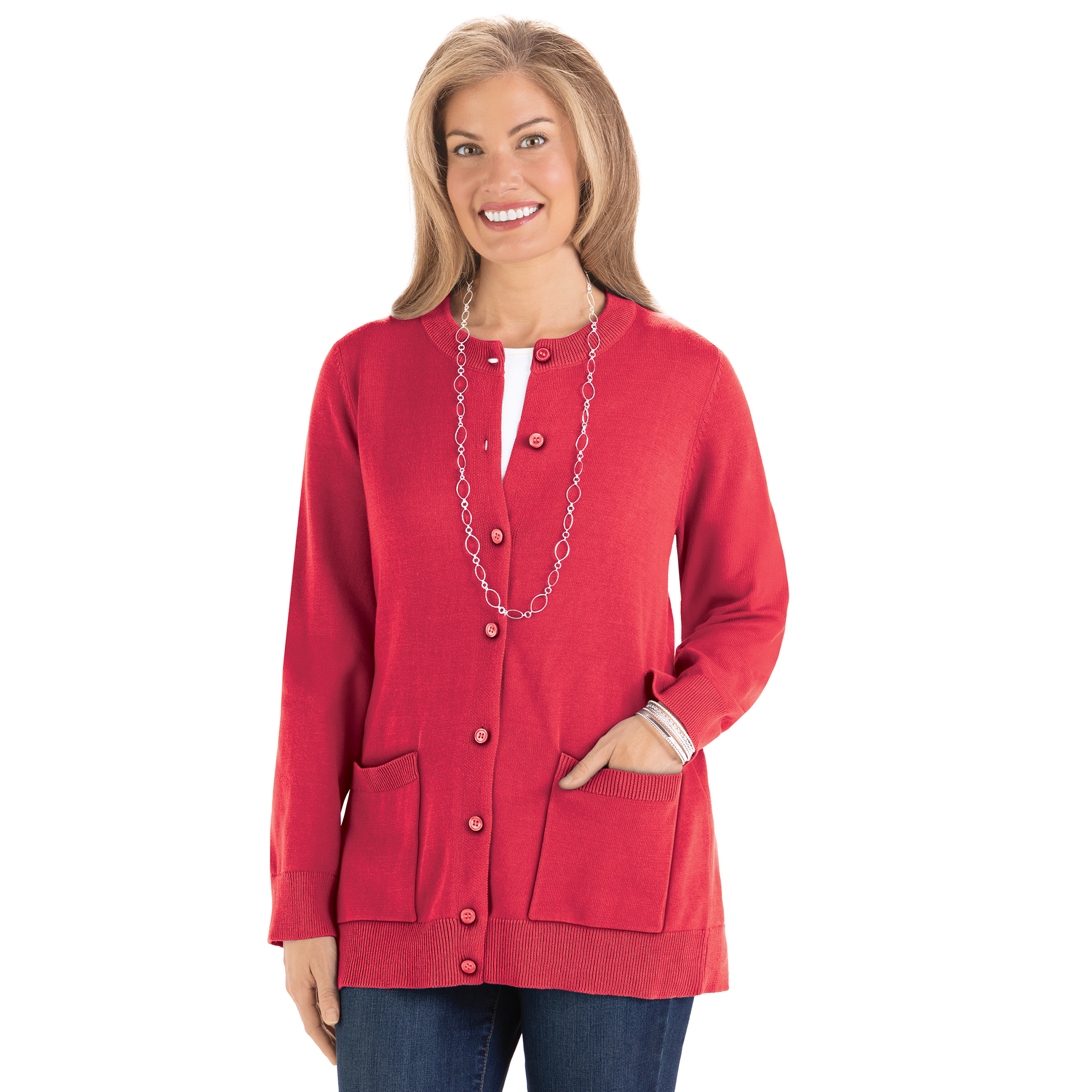 Long Sleeve Button-Front Cotton Cardigan with Pockets Medium Women Red