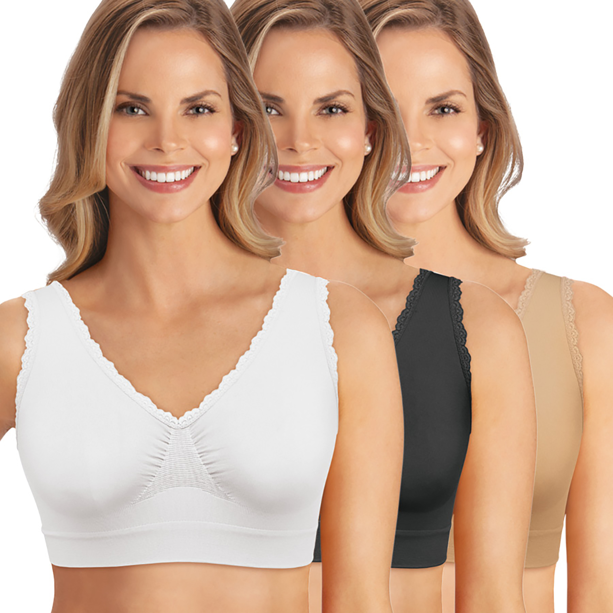 Seamless Lace Trim Unlined Bra - Pack of 3 2XL Solid Multi
