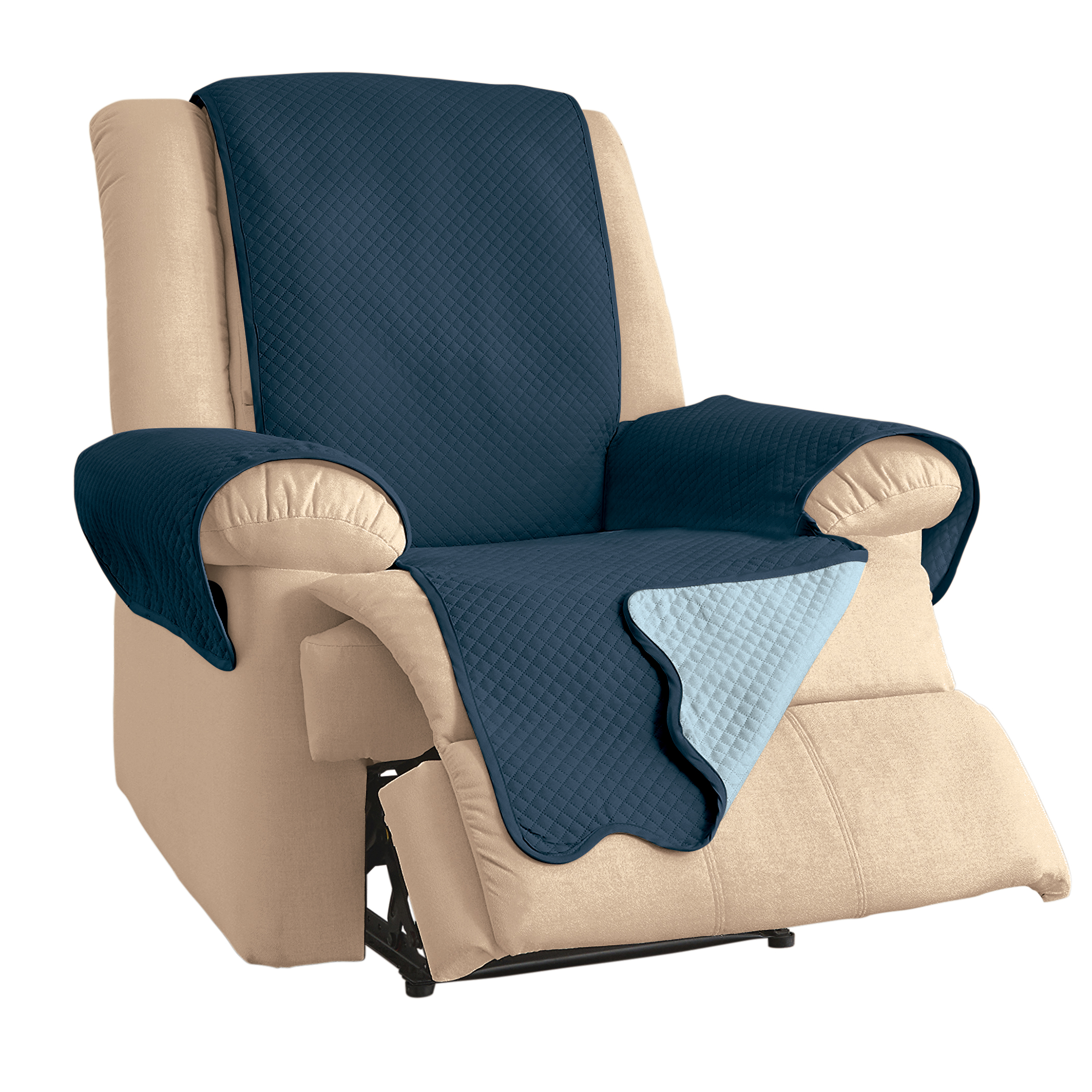 Lacey Scalloped Edge Reversible Quilted Furniture Protector Recliner Navy/Light Blue, Navy/Light Blue