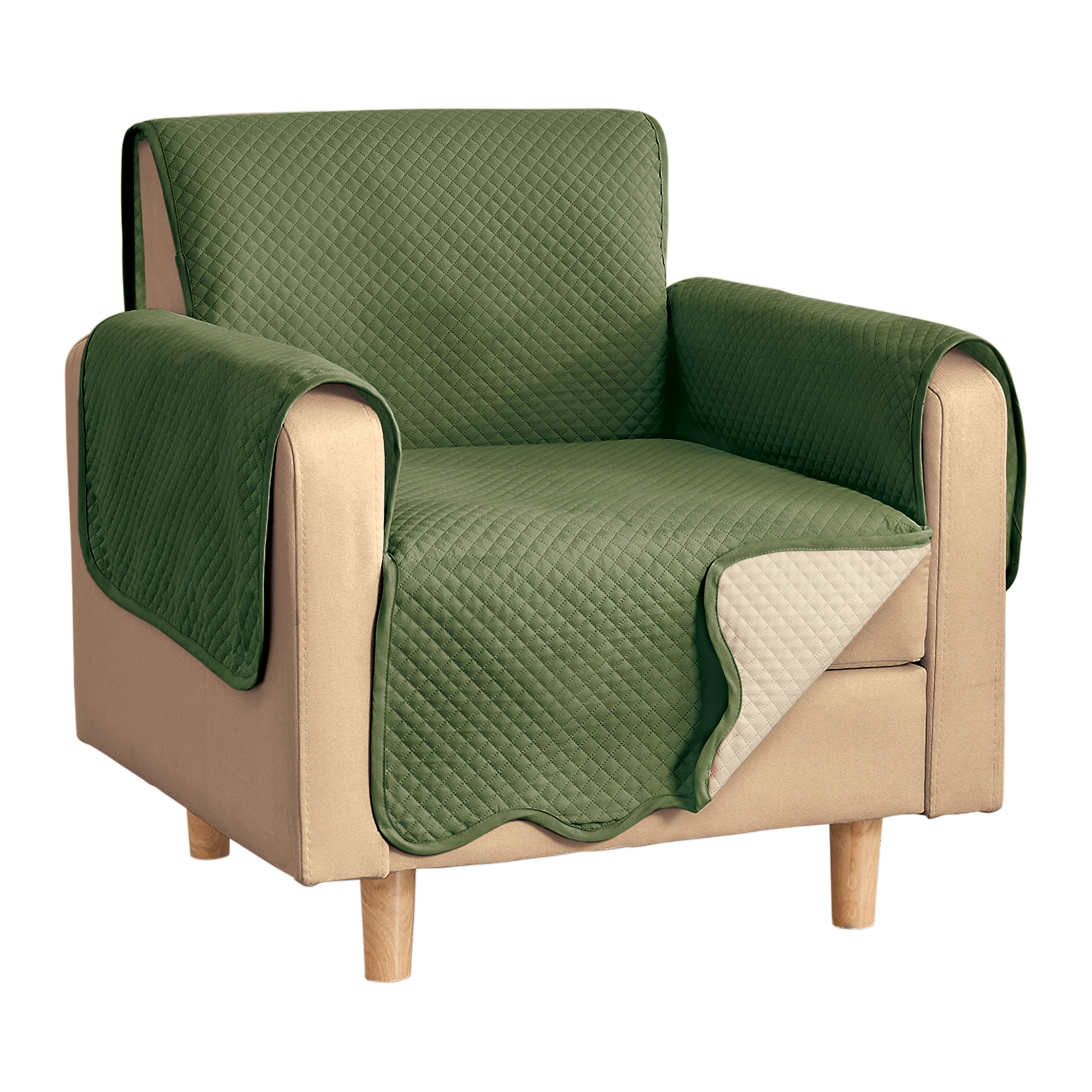 Lacey Scalloped Edge Reversible Quilted Furniture Protector Chair Olive/Beige, Olive/Beige