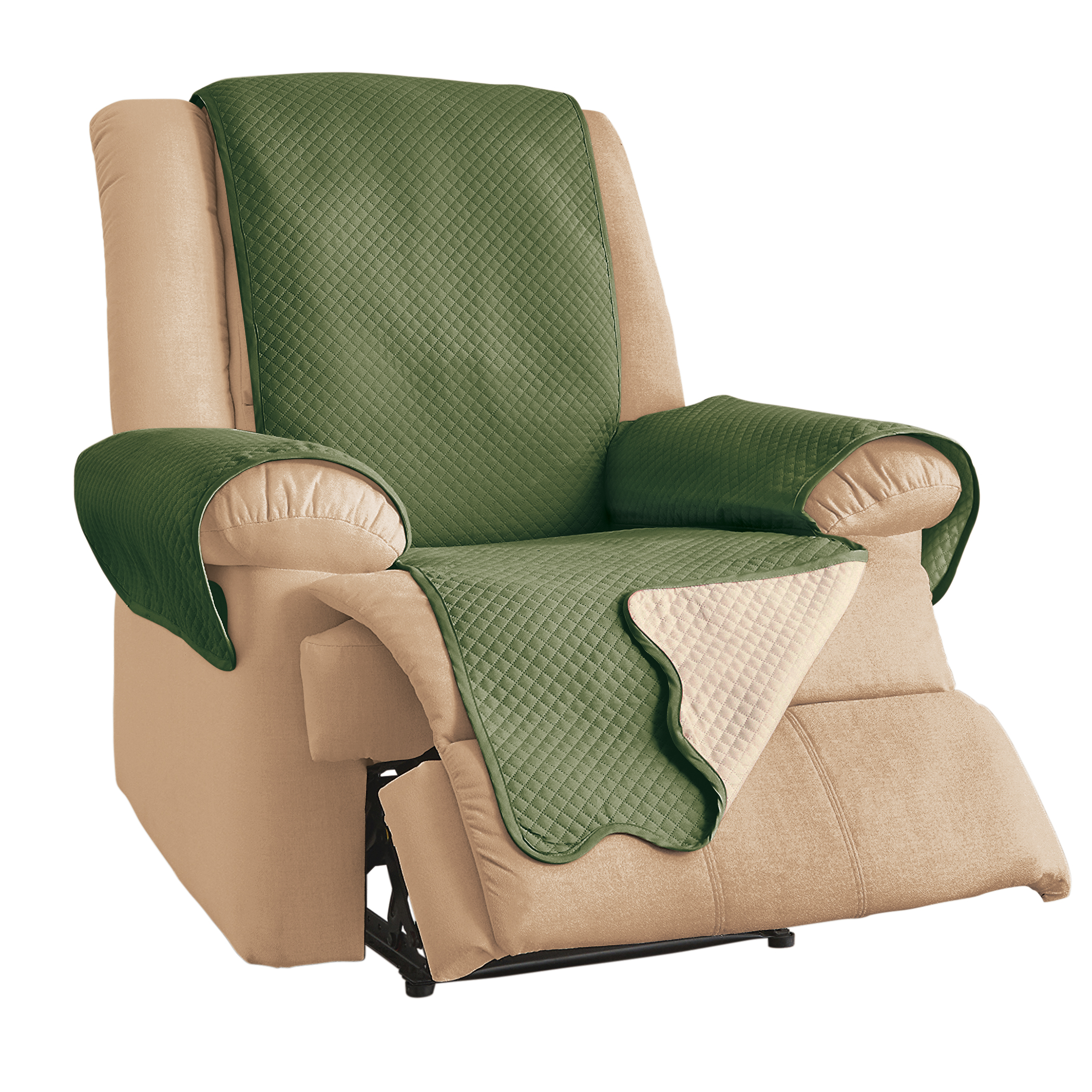 Lacey Scalloped Edge Reversible Quilted Furniture Protector Recliner Olive/Beige, Olive/Beige