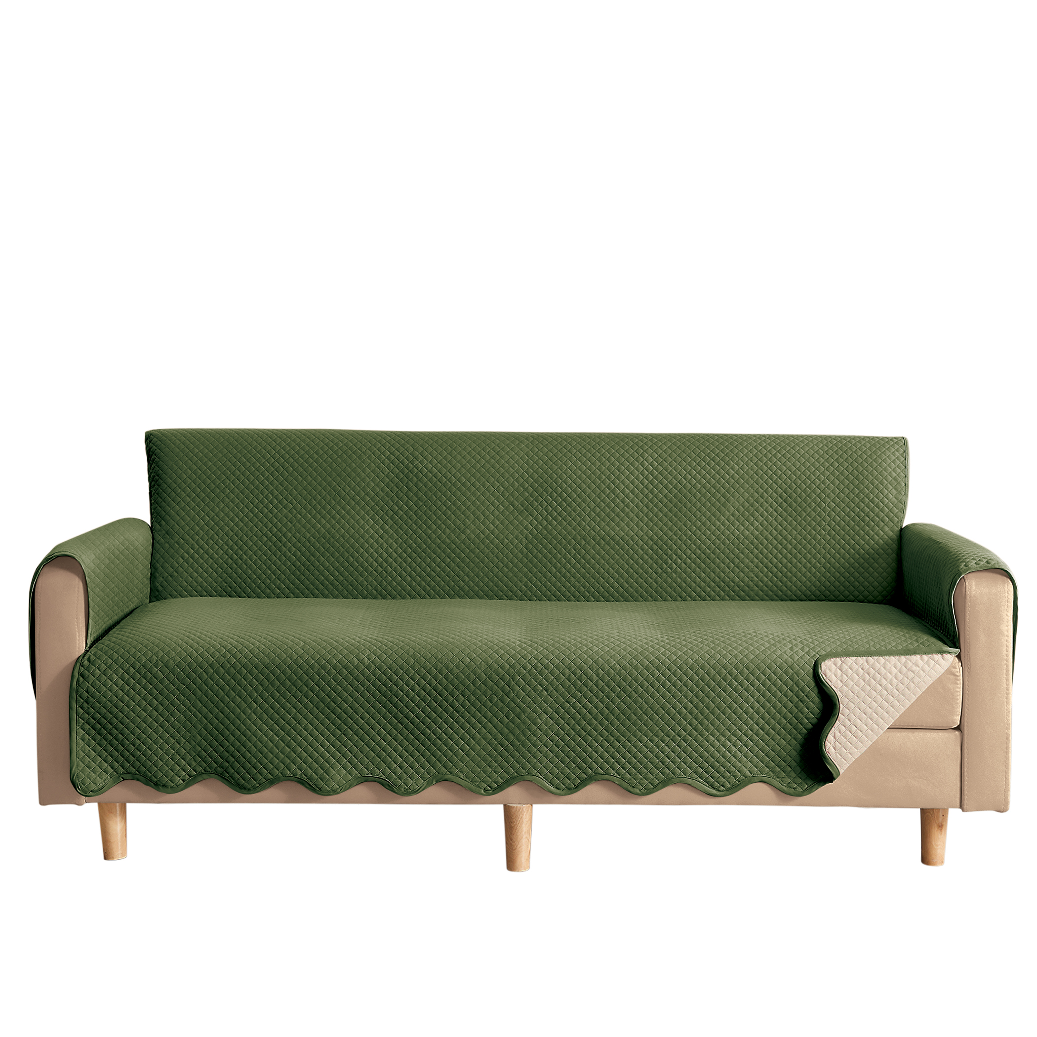 Lacey Scalloped Edge Reversible Quilted Furniture Protector Sofa Olive/Beige, Olive/Beige