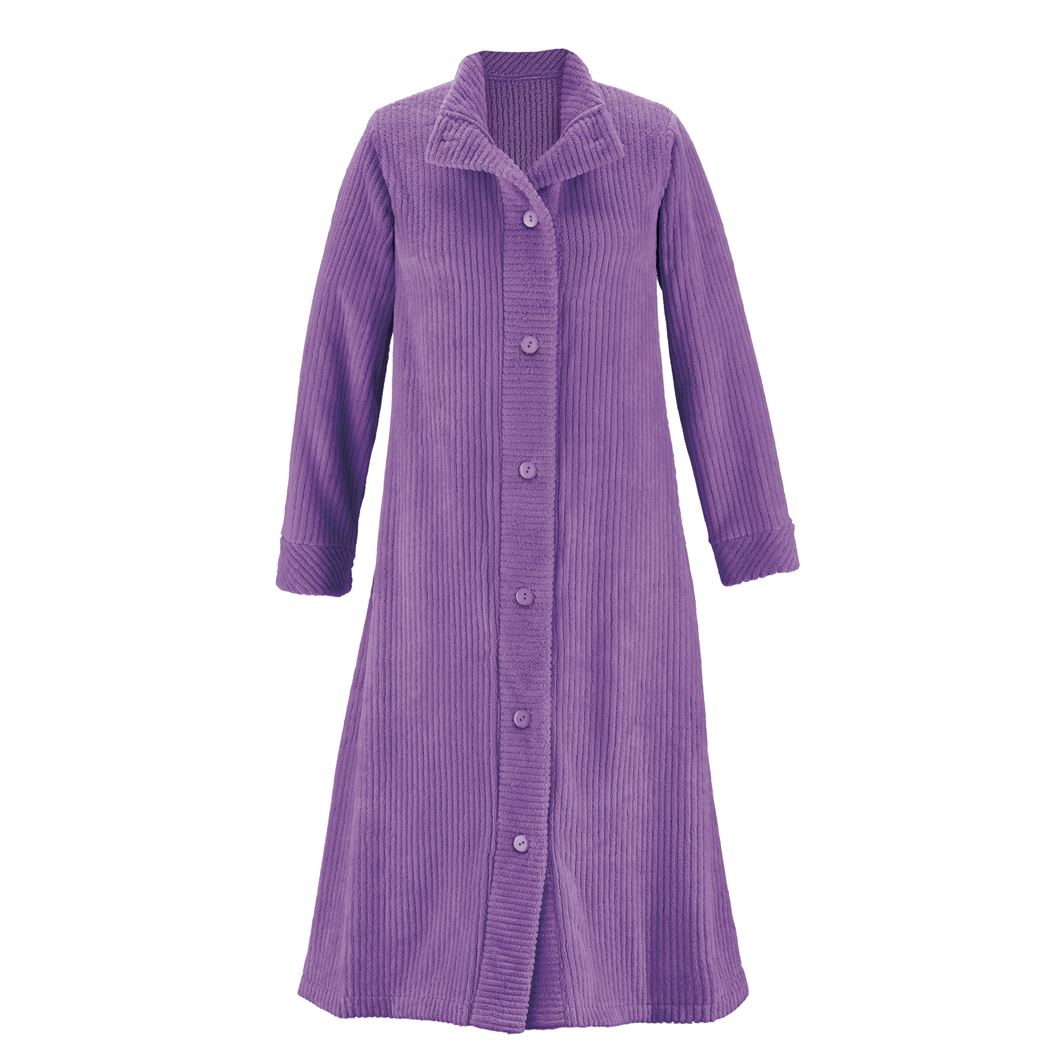 Textured Fleece Button-Front Long Robe with Pockets Large Women Purple
