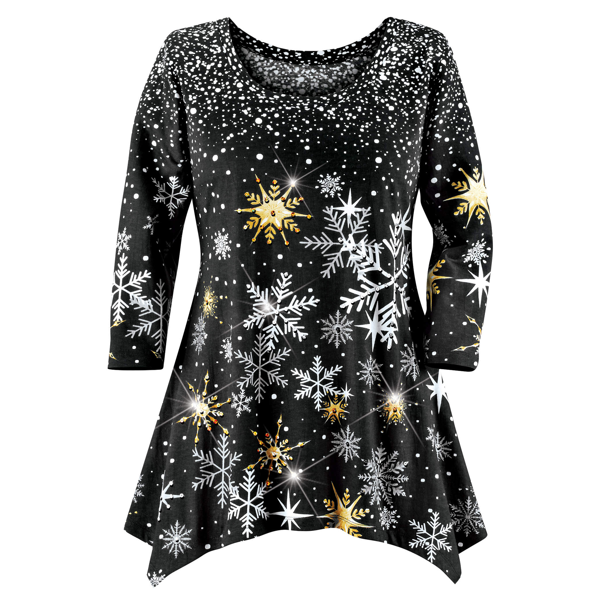 Glistening Snowflakes Sequin Detail 3/4 Length Sleeve Sharkbite Tunic XX-Large Women Black