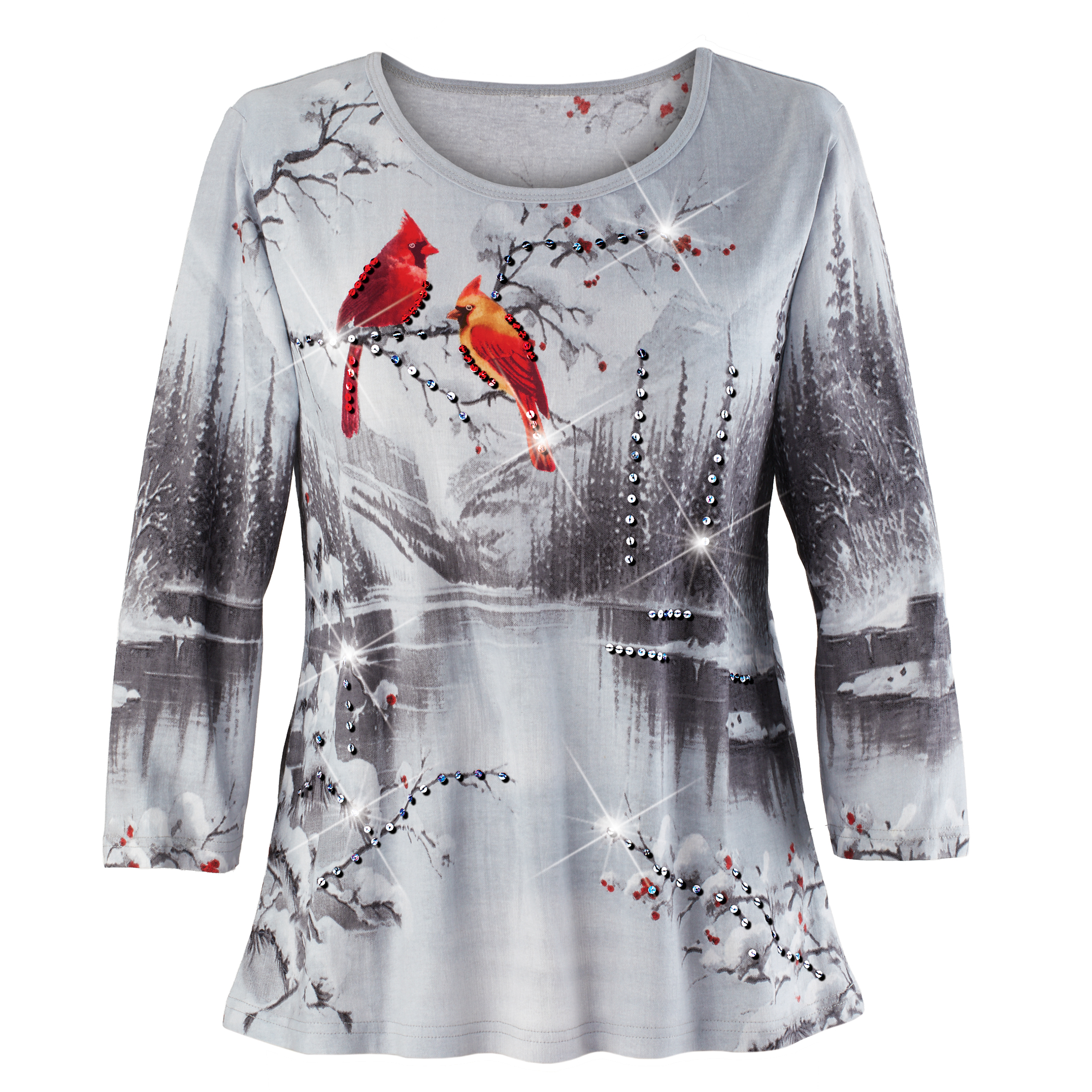 Sequin Detailed Snowy Lake and Cardinals 3/4 Length Sleeve Top XX-Large Women Bird Grey