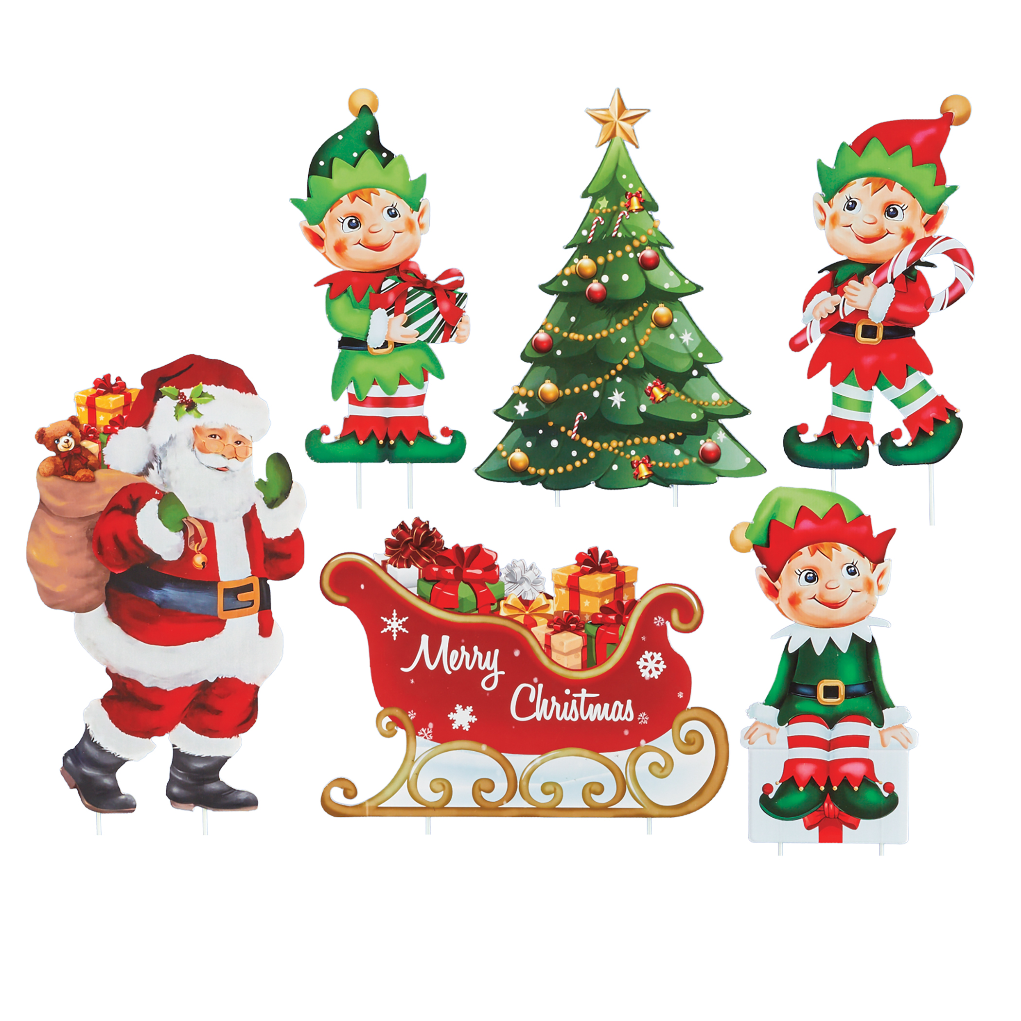 Santa and Elves Christmas Garden Stake Decorations - Set of 6