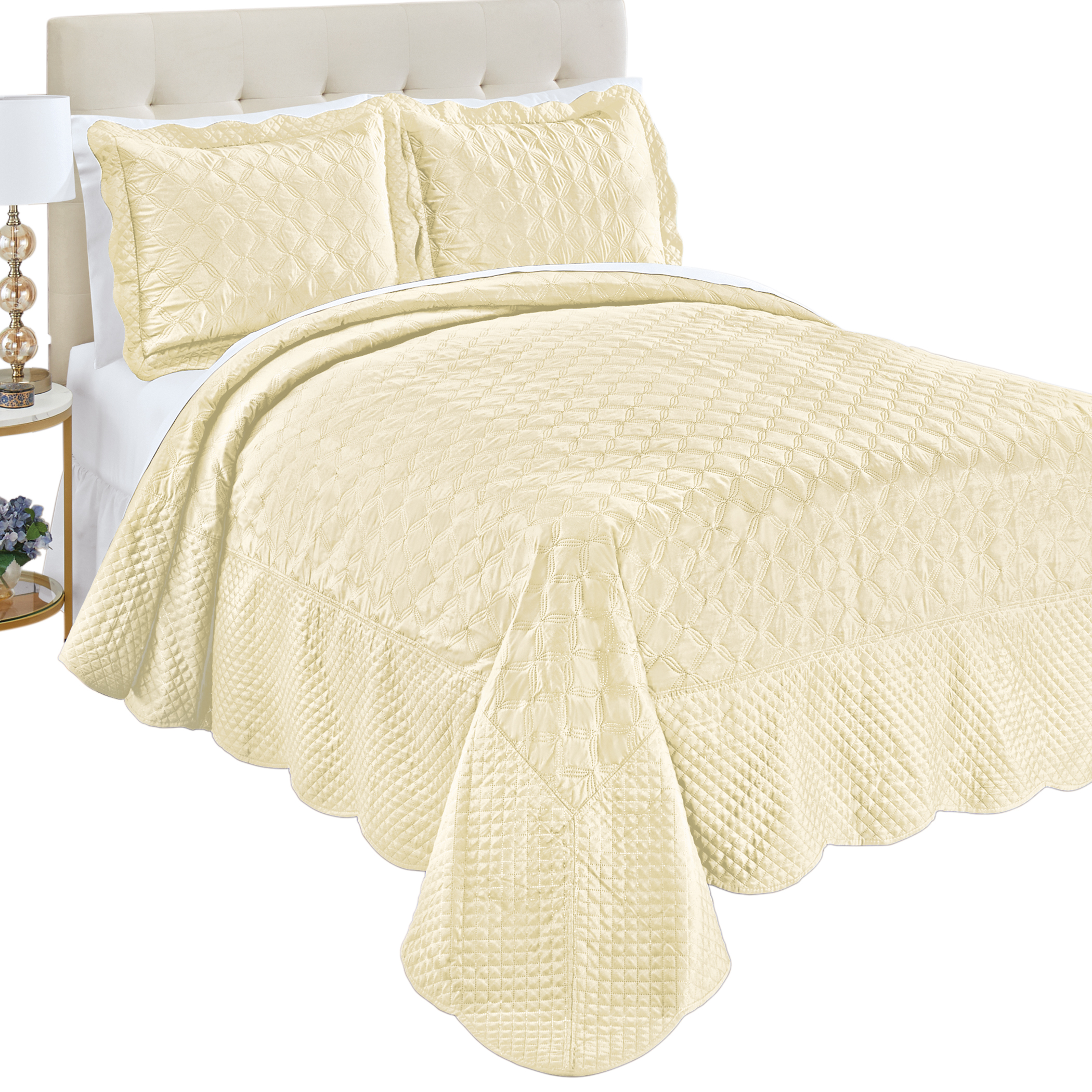 Harper Diamond Pattern Bordered Scalloped Edge Bedspread Full Gender Neutral Ivory