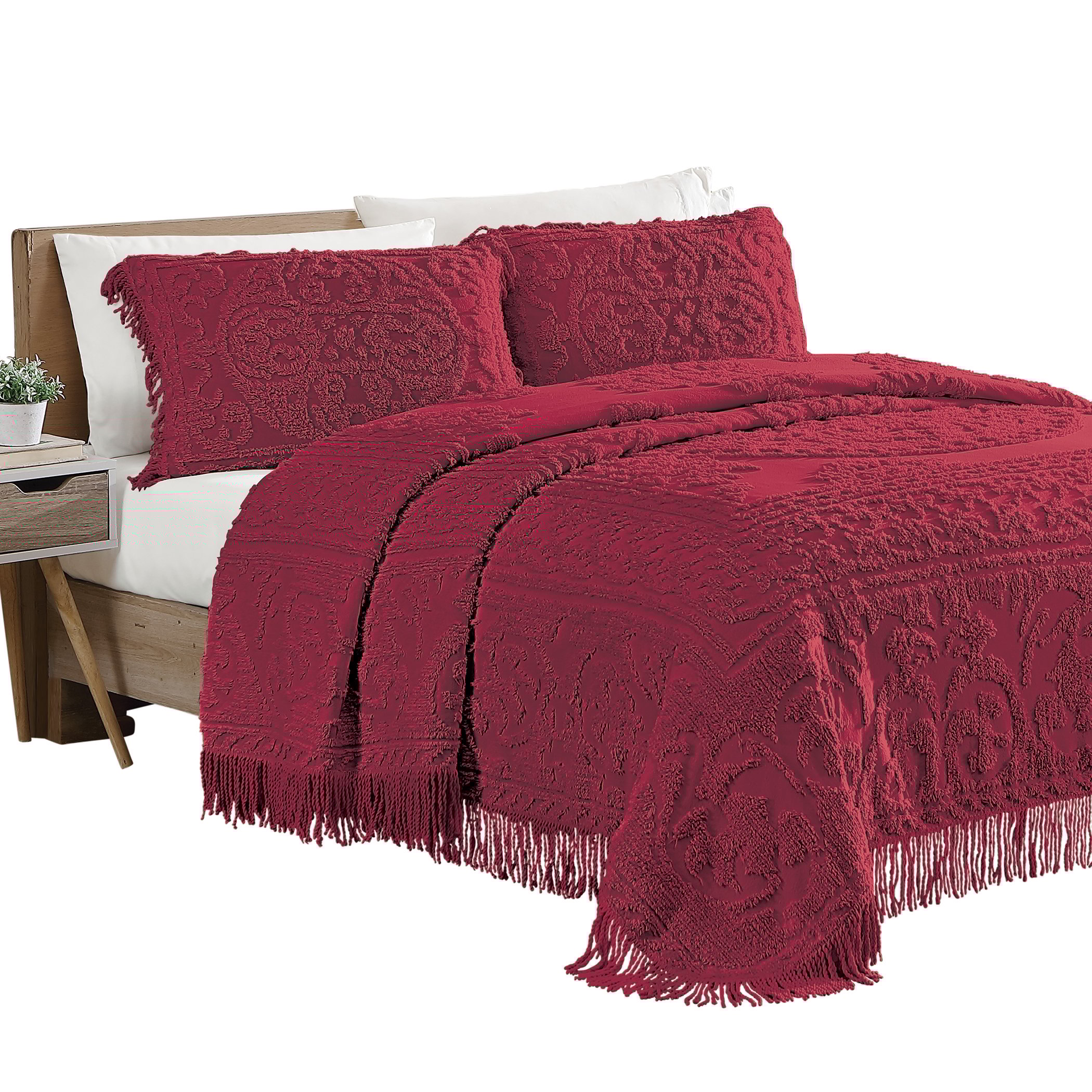 Medallion Chenille Textured Bedspread with Fringe Border Queen Gender Neutral Burgundy