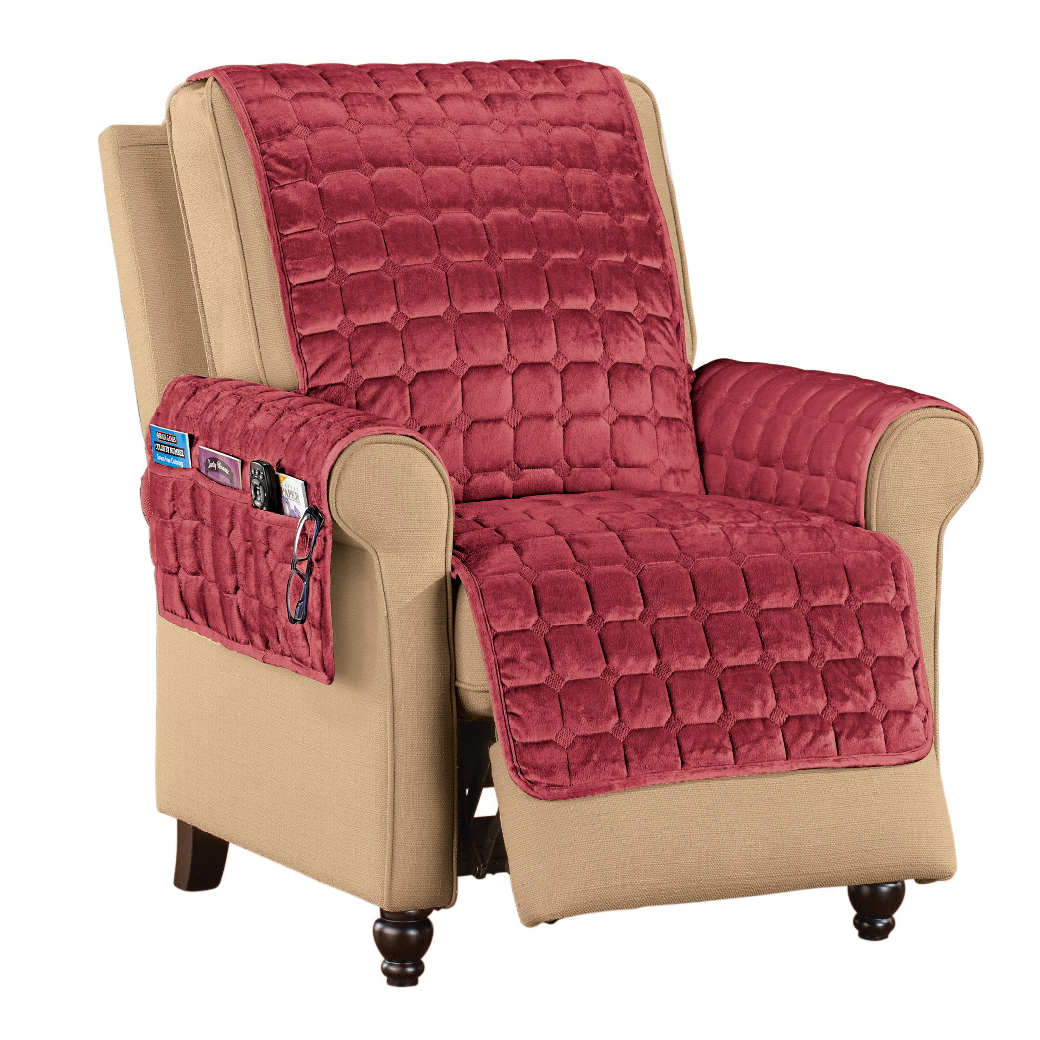 Velvet Non-Slip Quilted Recliner Cover with Side Pockets Recliner Solid Burgundy