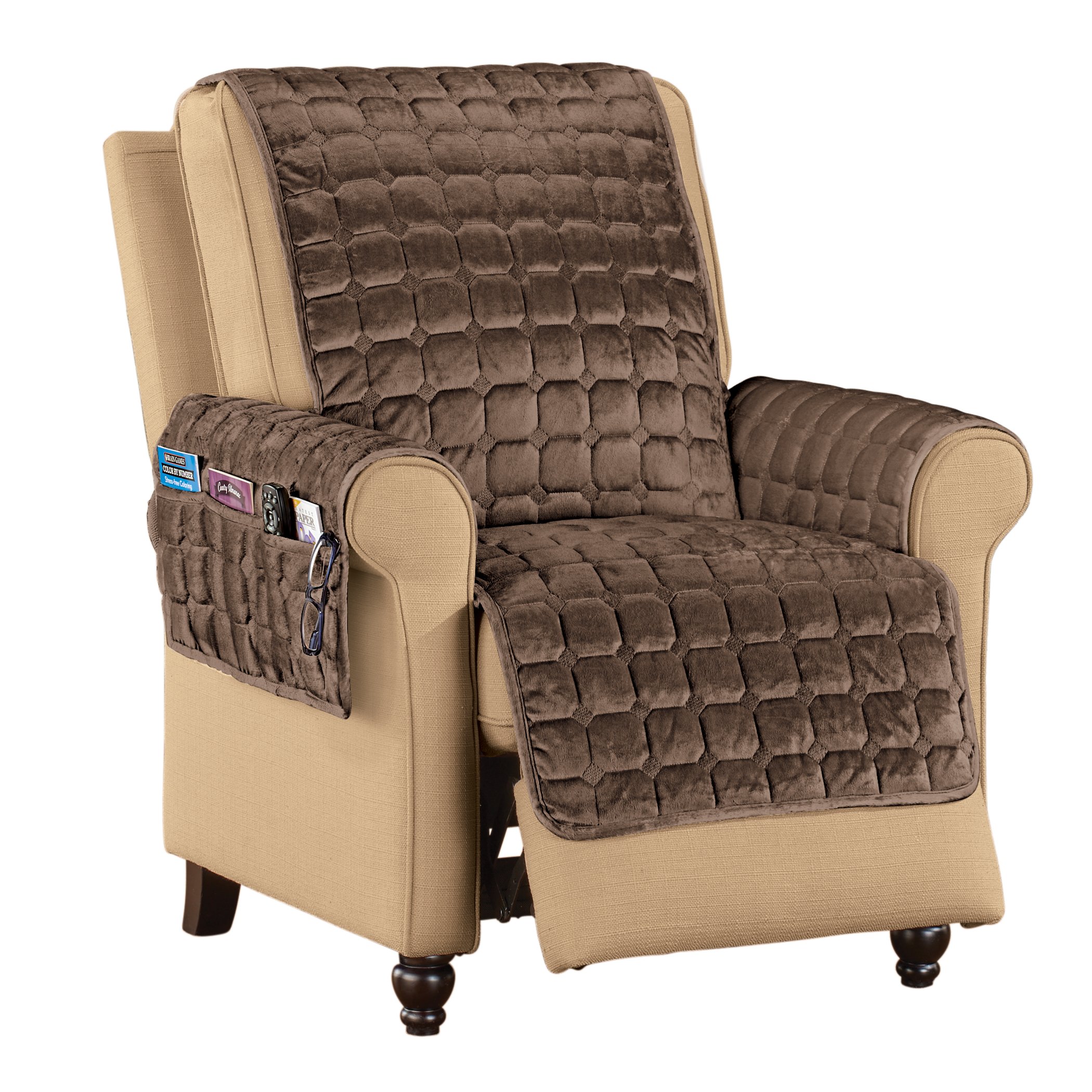 Velvet Non-Slip Quilted Recliner Cover with Side Pockets Recliner Solid Chocolate
