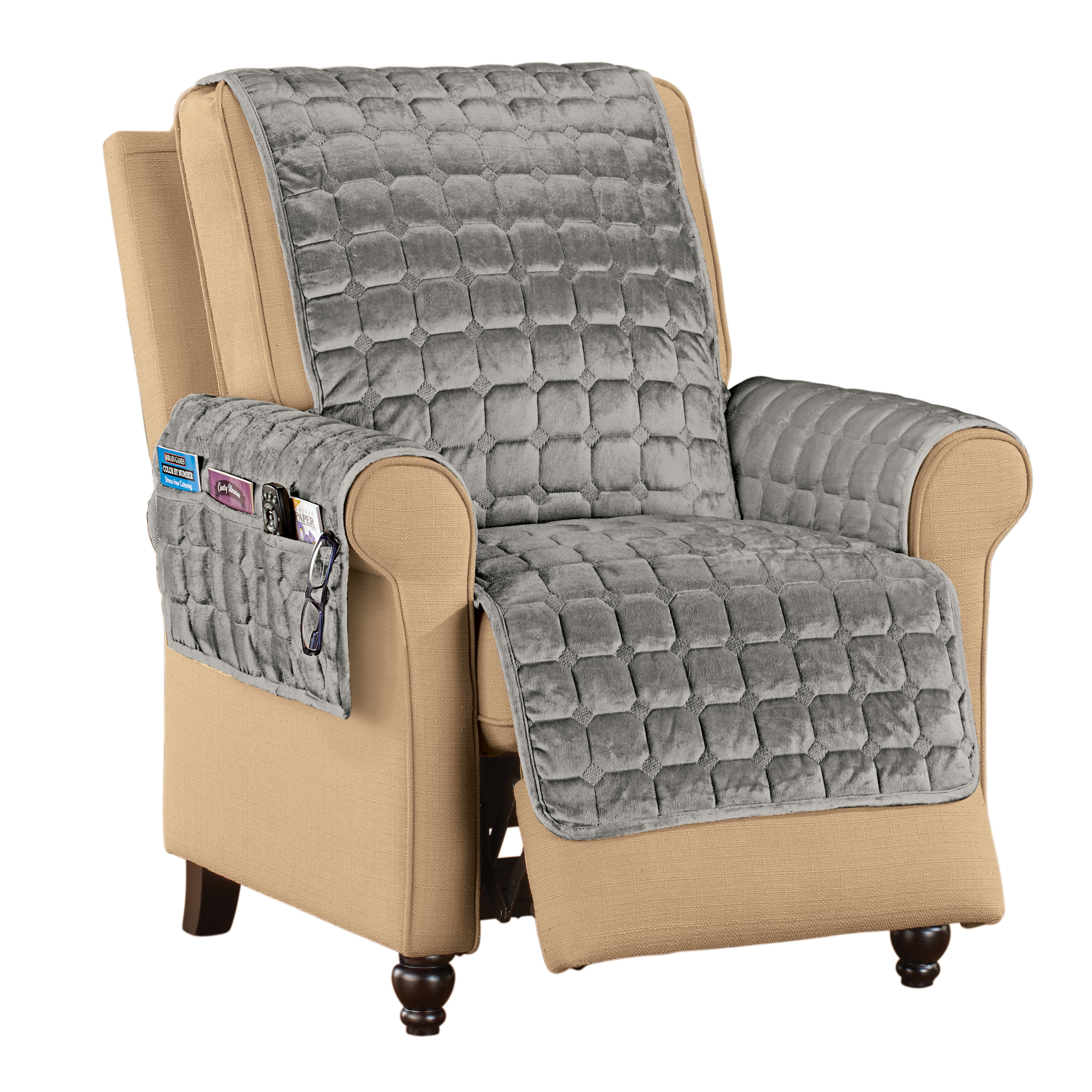 Velvet Non-Slip Quilted Recliner Cover with Side Pockets Recliner Solid Gray