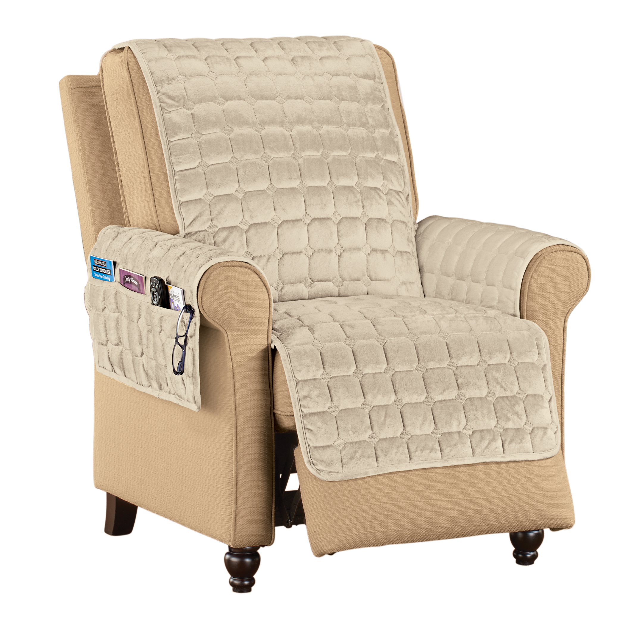 Velvet Non-Slip Quilted Recliner Cover with Side Pockets Recliner Solid Taupe