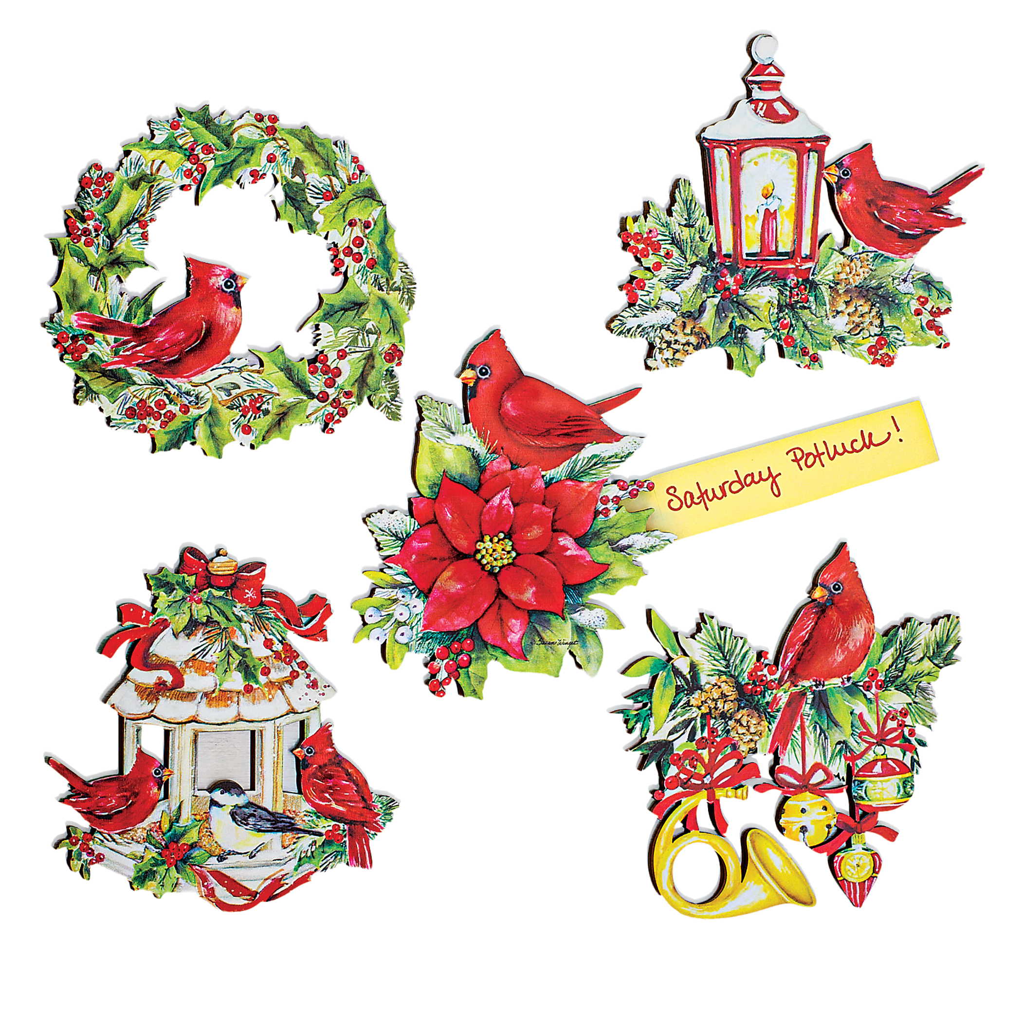 Beautiful Holiday Cardinals Refrigerator Magnets - Set of 5
