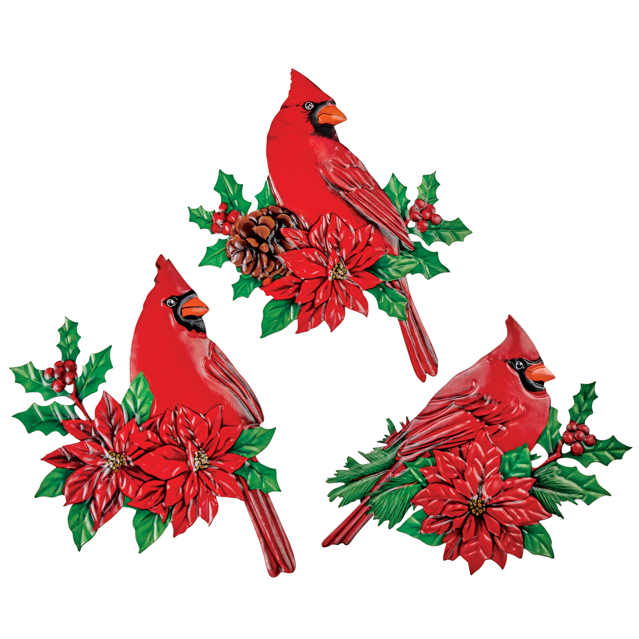 Festive Cardinal Poinsettia Metal Wall Art Decor - Set of 3 Red