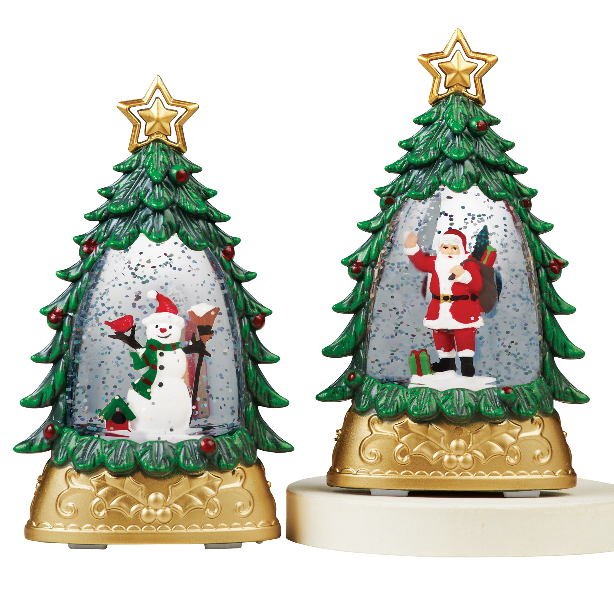 LED Lighted Holiday Tree-Shaped Snow Globe Decorations - Set of 2 Green