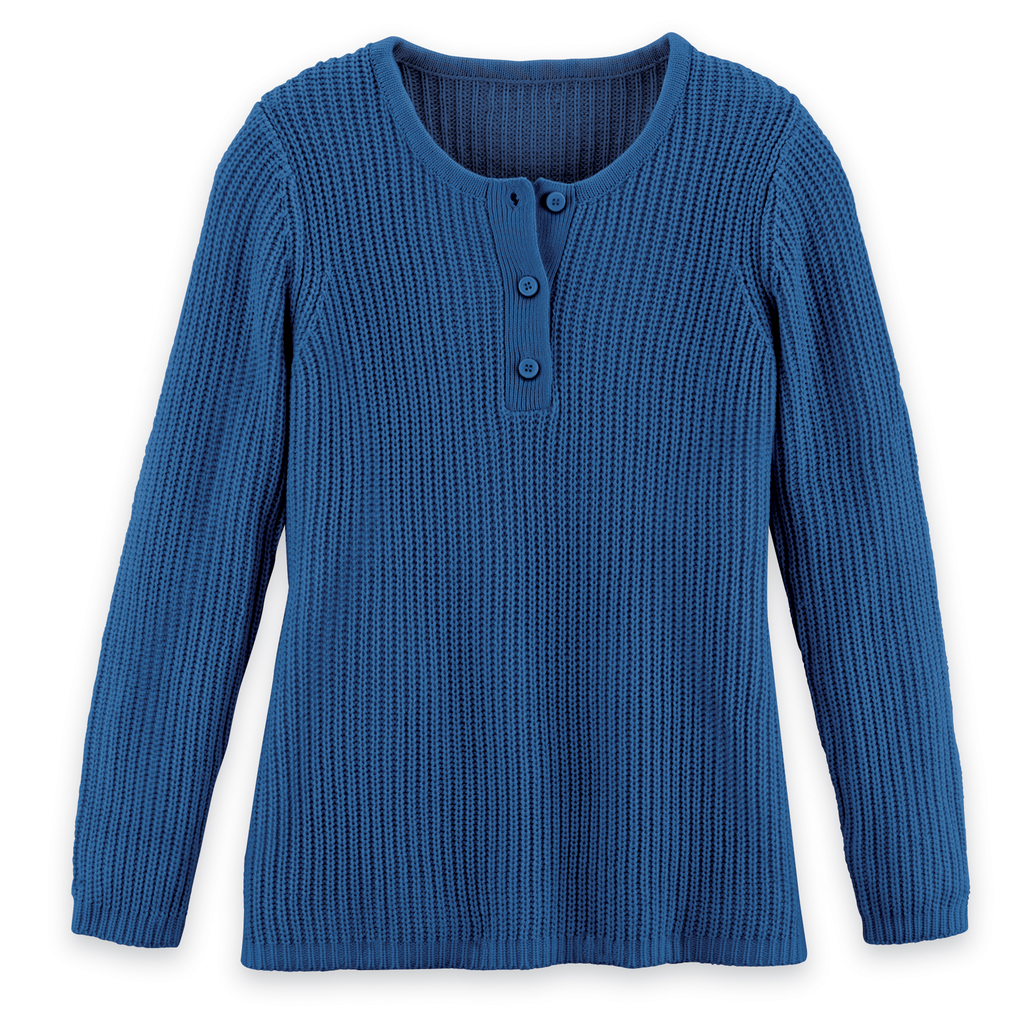 Henley Shaker Knit 3 Button Placket Sweater Large Women Solid Blue