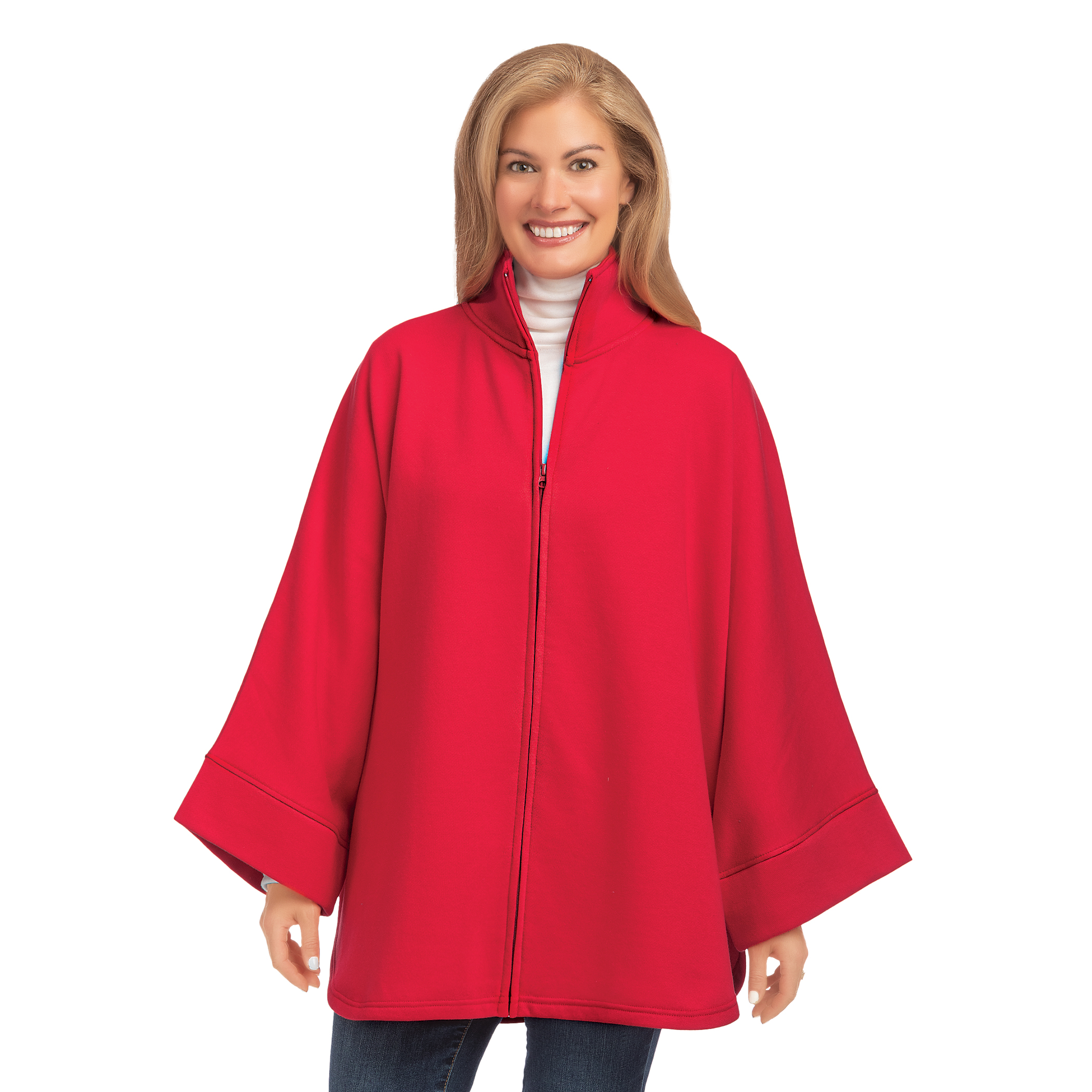 Comfortable Zippered-Front Fleece Poncho XL/XXL Women Solid Red, XL/XXL