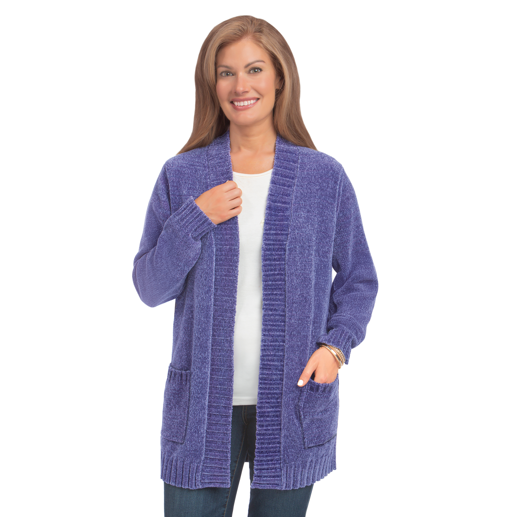 Soft Chenille Cozy Long Length Cardigan with Pockets Large Women Solid Purple