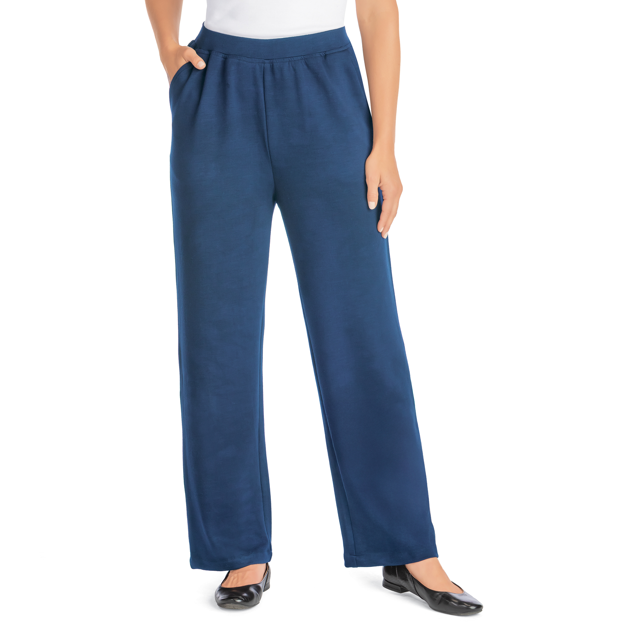 Ponte Knit Wide Leg Pull-On Pants with Side Pockets Large Women Navy