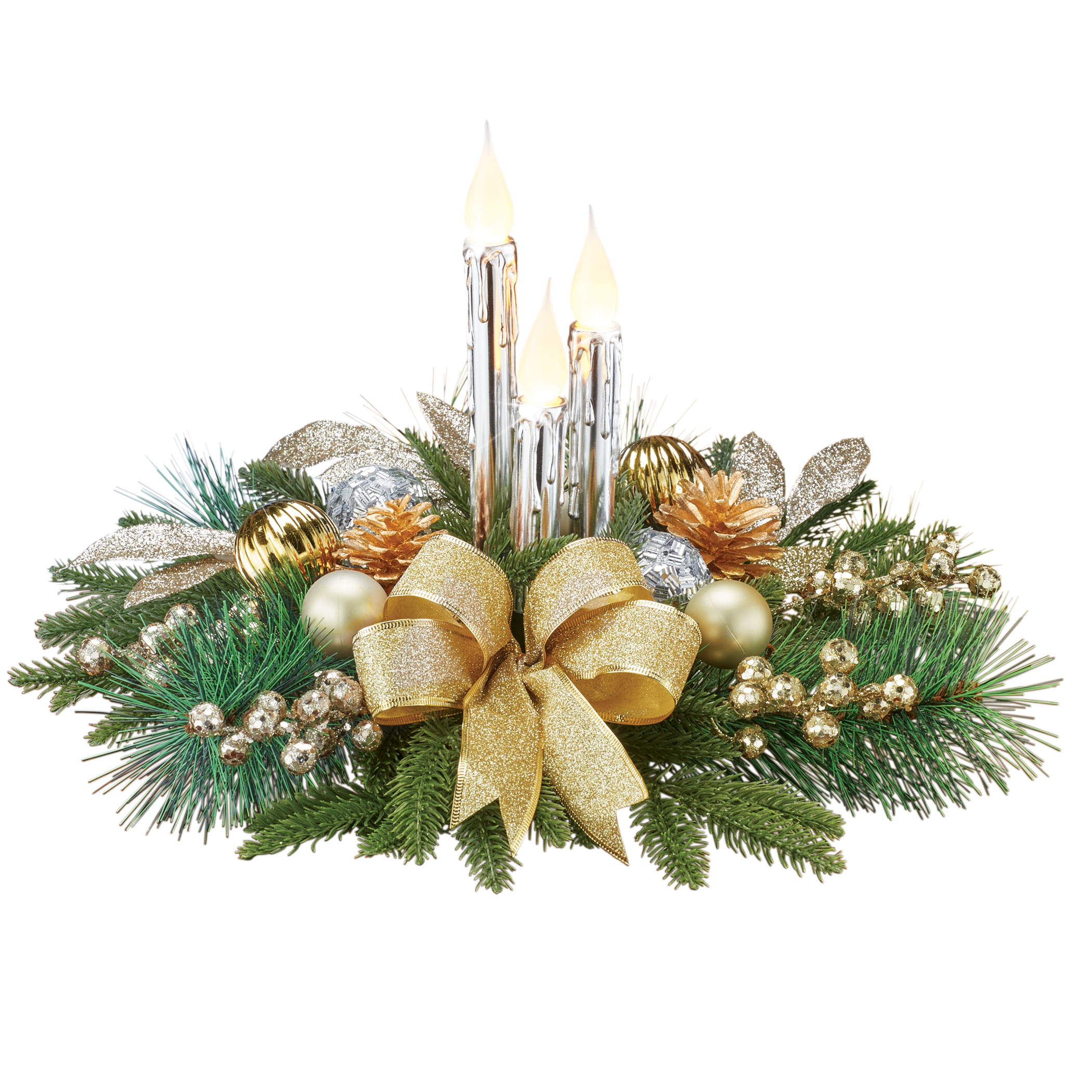 Elegant LED Lighted Candles Silver and Gold Floral Holiday Centerpiece