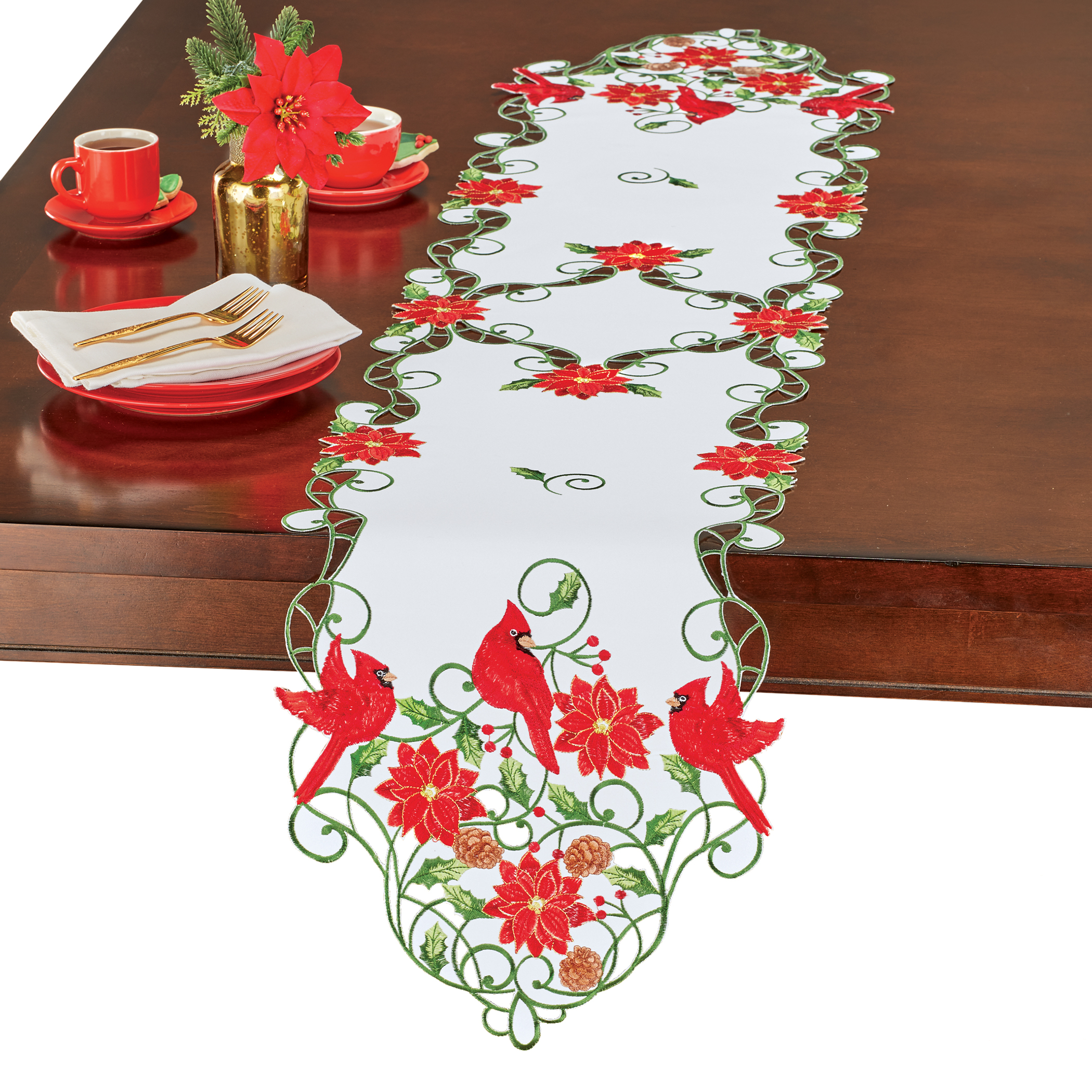 Embroidered Cardinal Trio Poinsettia Table Linens Runner Red