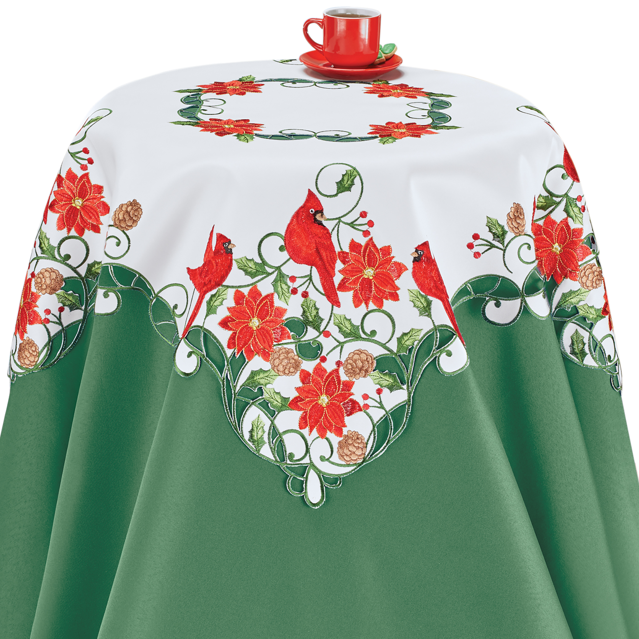 Embroidered Cardinal Trio Poinsettia Table Linens Square Red