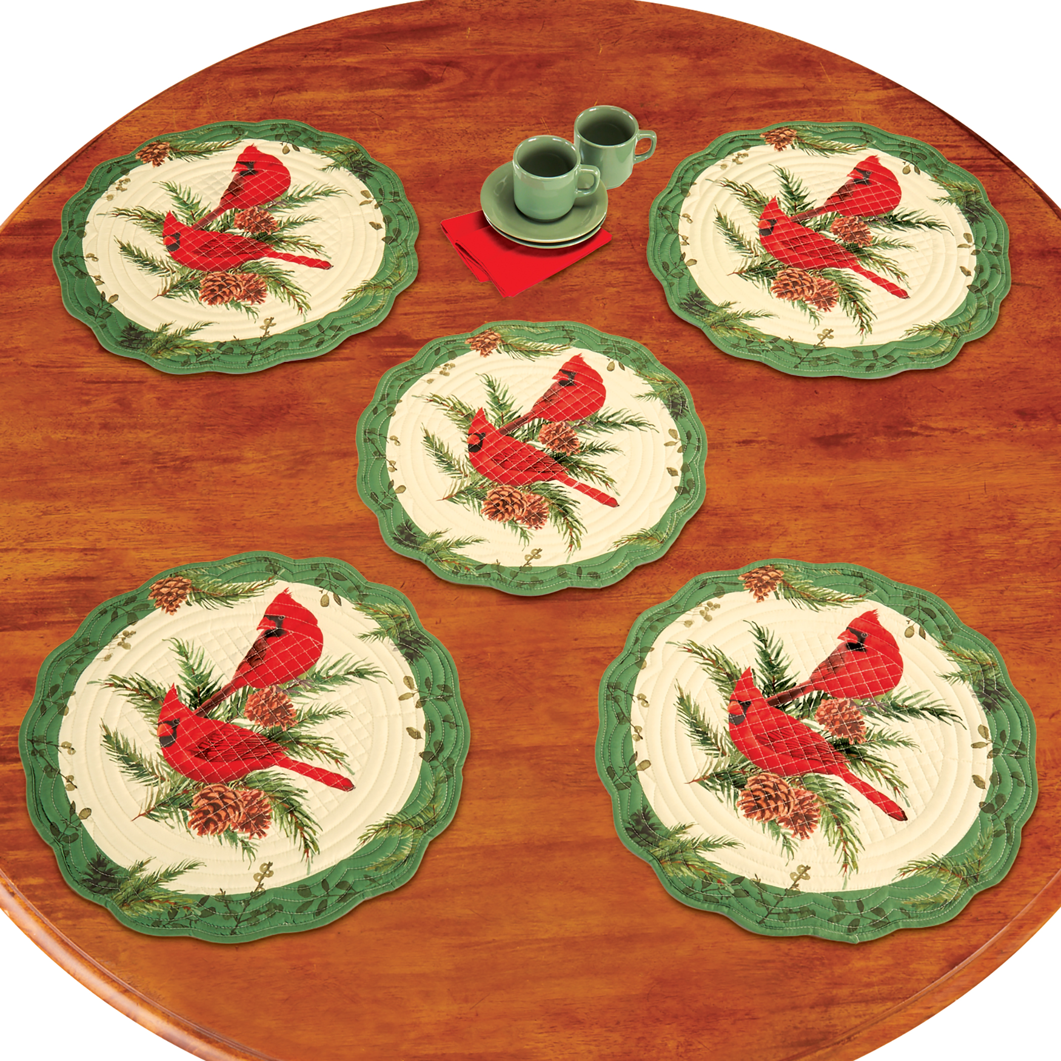 Festive Cardinal Pinecone 5-Piece Placemat Set