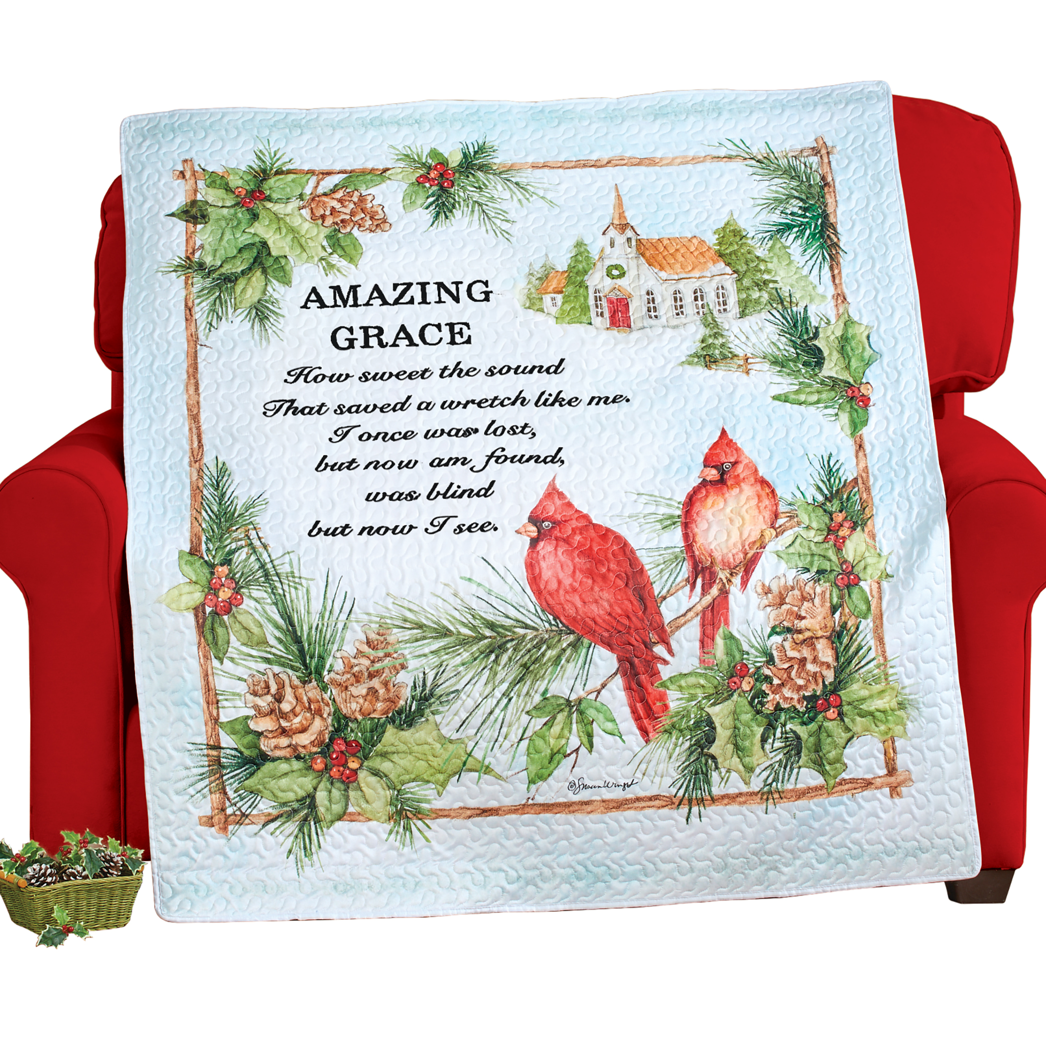 Amazing Grace Cardinal Winter Scene Quilted Throw Blanket