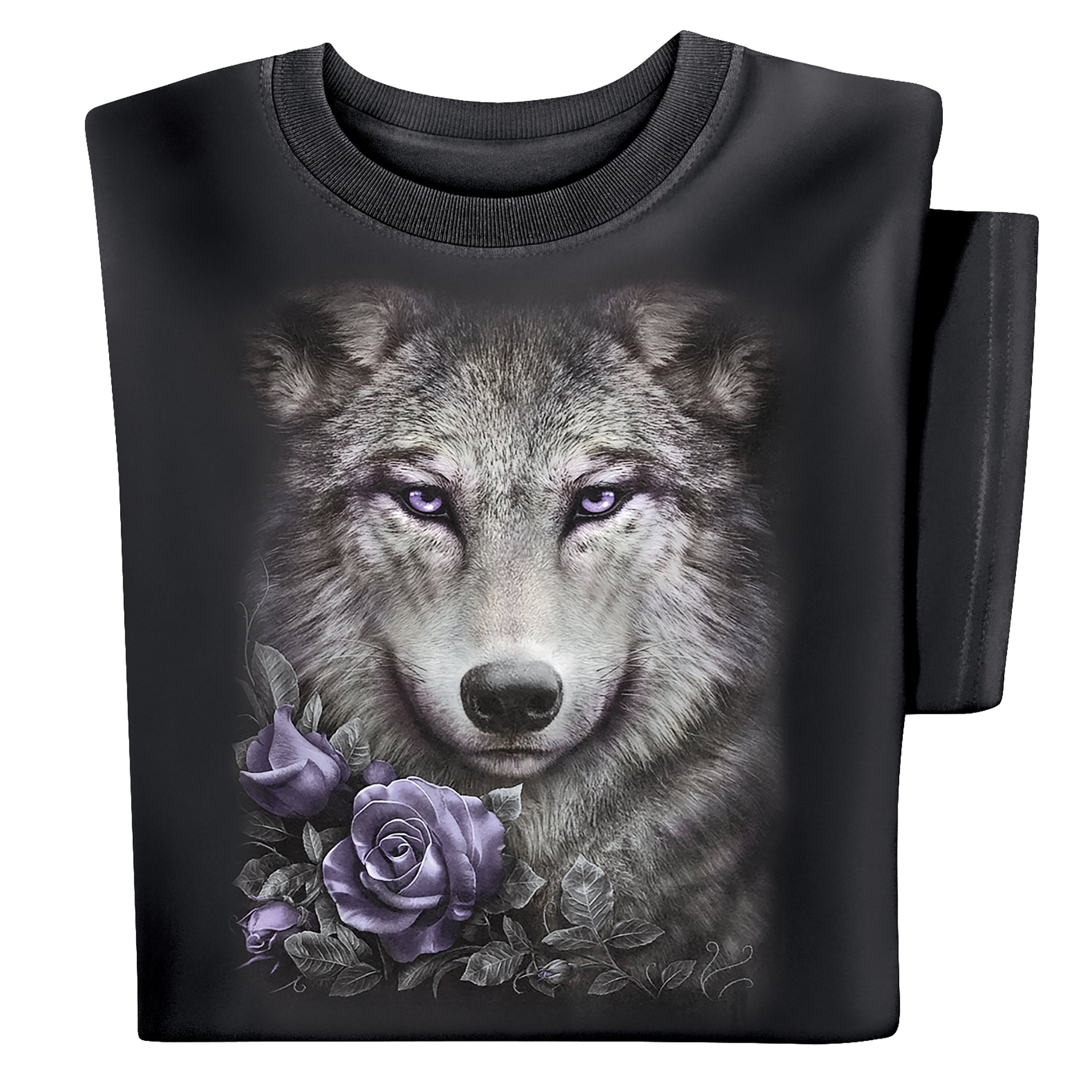 Wolf and Purple Roses Short Sleeve Graphic Tee Medium Gender Neutral Black